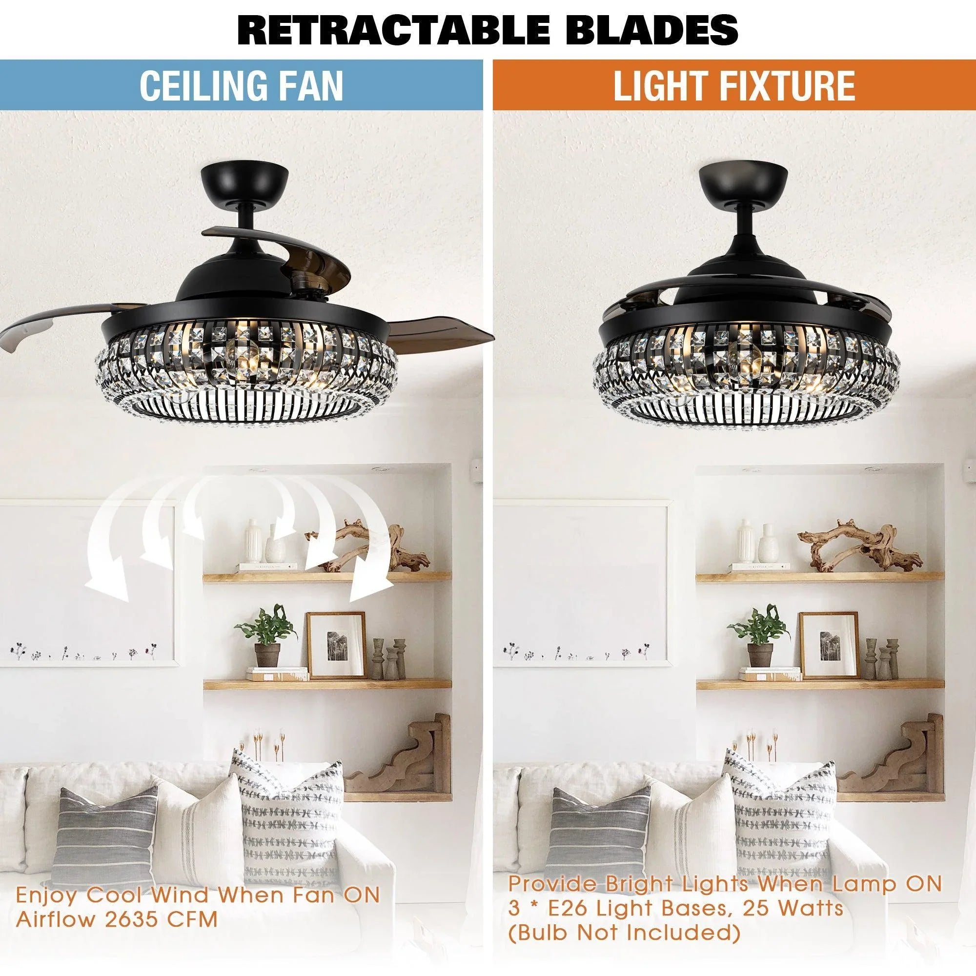 42" Modern Downrod Mount Crystal Ceiling Fan with Lighting and Remote Control - ParrotUncle