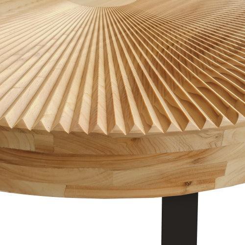 Mesa de centro redonda moderna de 31,5" con diseño tallado en madera y patas de metal para sala de estar, recepción, oficina, color dorado.