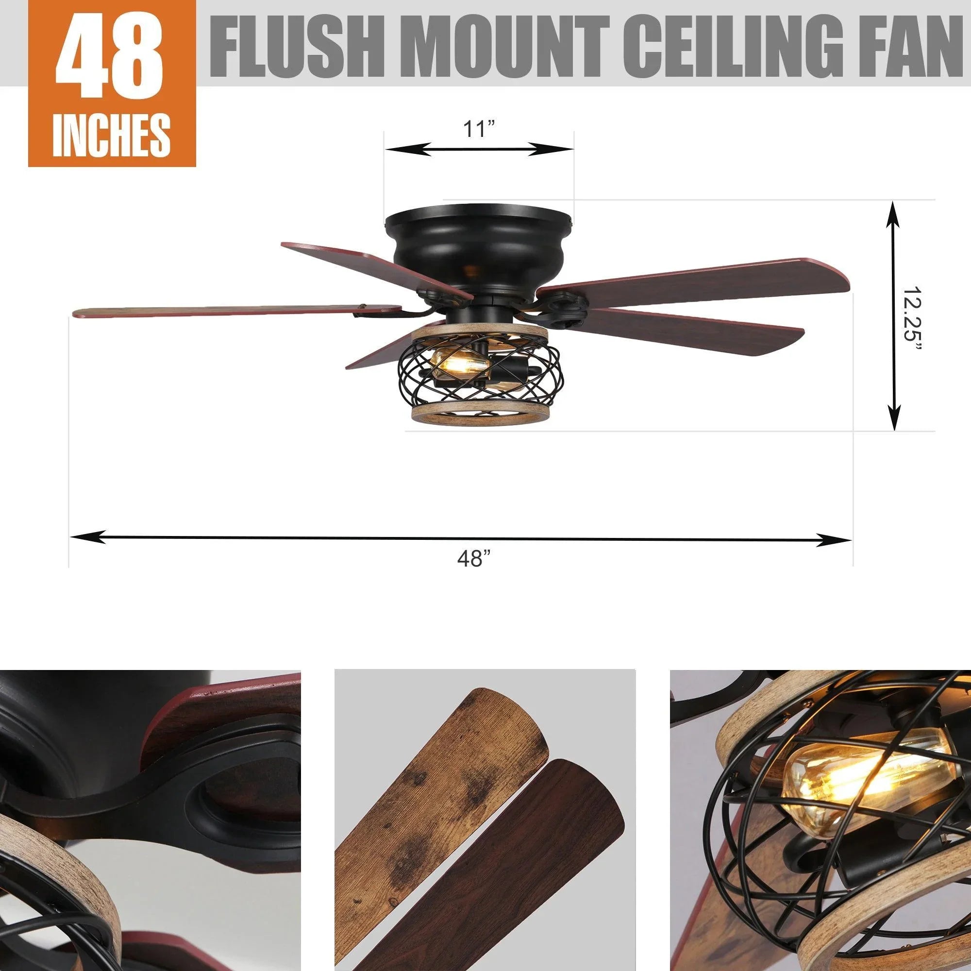 48"Antwerp Farmhouse Flush Mount Reversible Ceiling Fan with Lighting and Remote Control - ParrotUncle