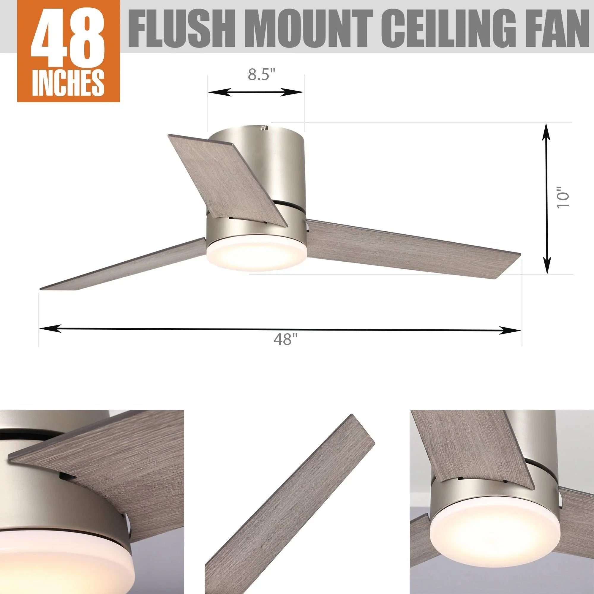 48" Modern Satin Nickel Flush Mount Reversible Ceiling Fan with Lighting and Remote Control - ParrotUncle