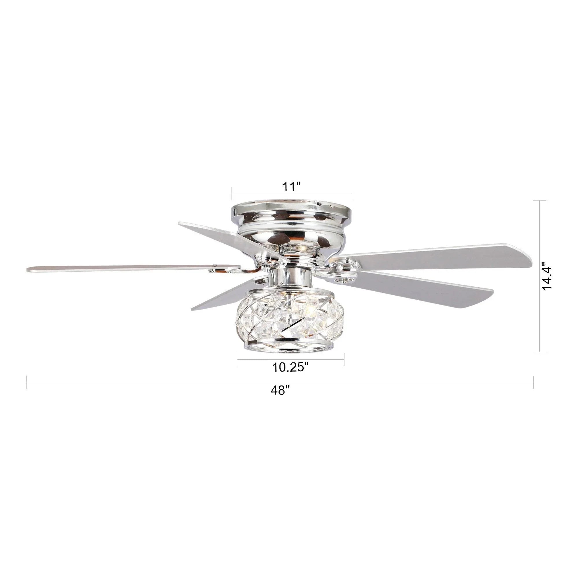 48" Traditional Chrome Flush Mount Reversible Crystal Ceiling Fan with Lighting and Remote Control - ParrotUncle