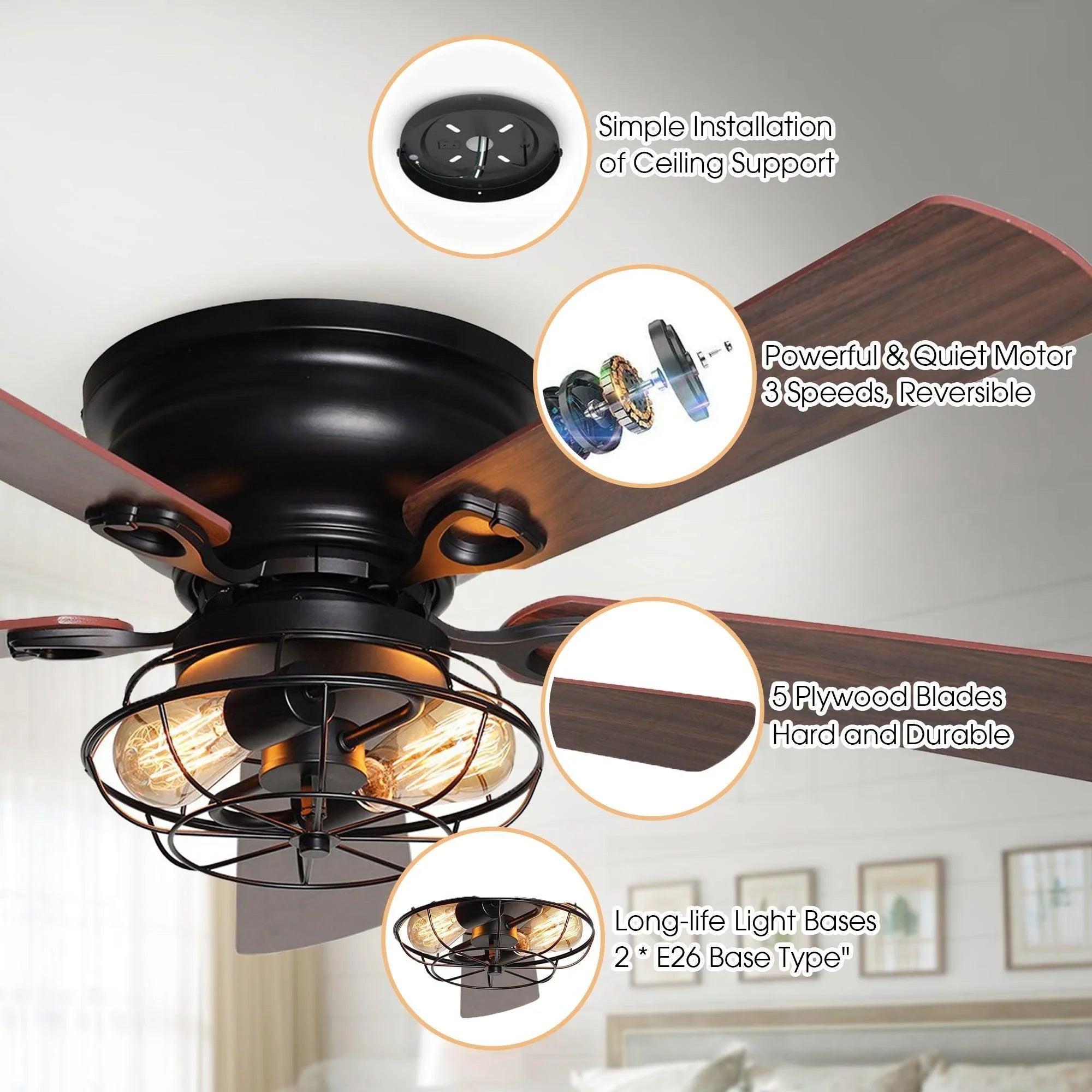 48" Ummuhan Industrial Flush Mount Reversible Ceiling Fan with Lighting and Remote Control - ParrotUncle
