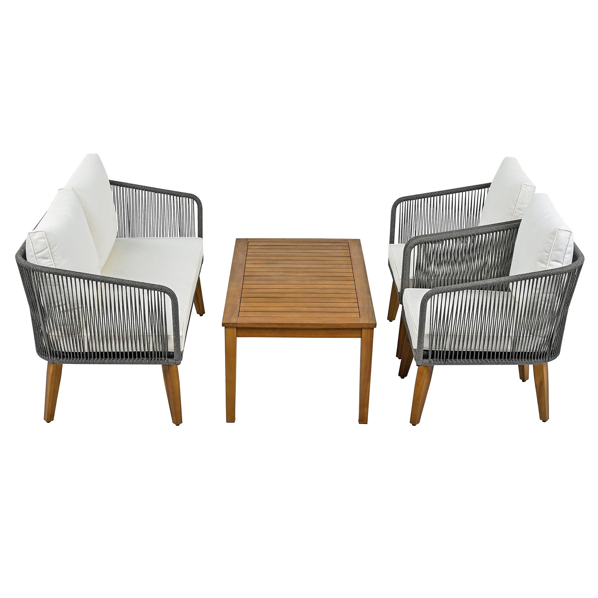 4 Pieces Outdoor Furniture Set with Loveseat, Patio Rope Conversation Set with Cushions for Backyard, Poolside, Garden