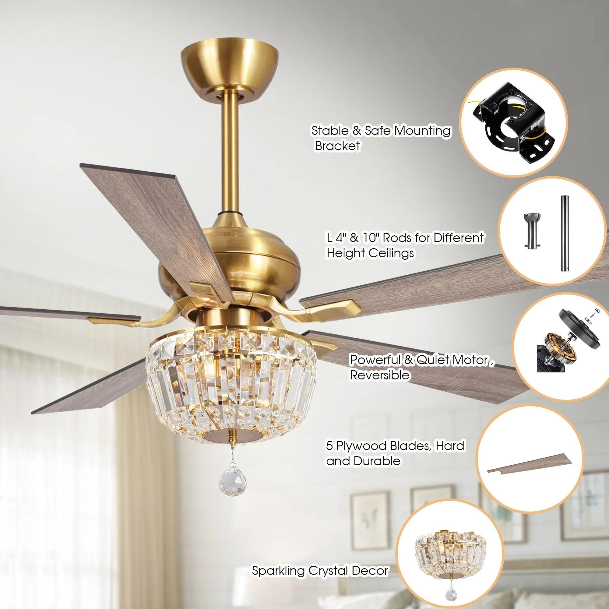 52" Ganga Modern Downrod Mount Reversible Crystal Ceiling Fan with Lighting and Remote Control - ParrotUncle