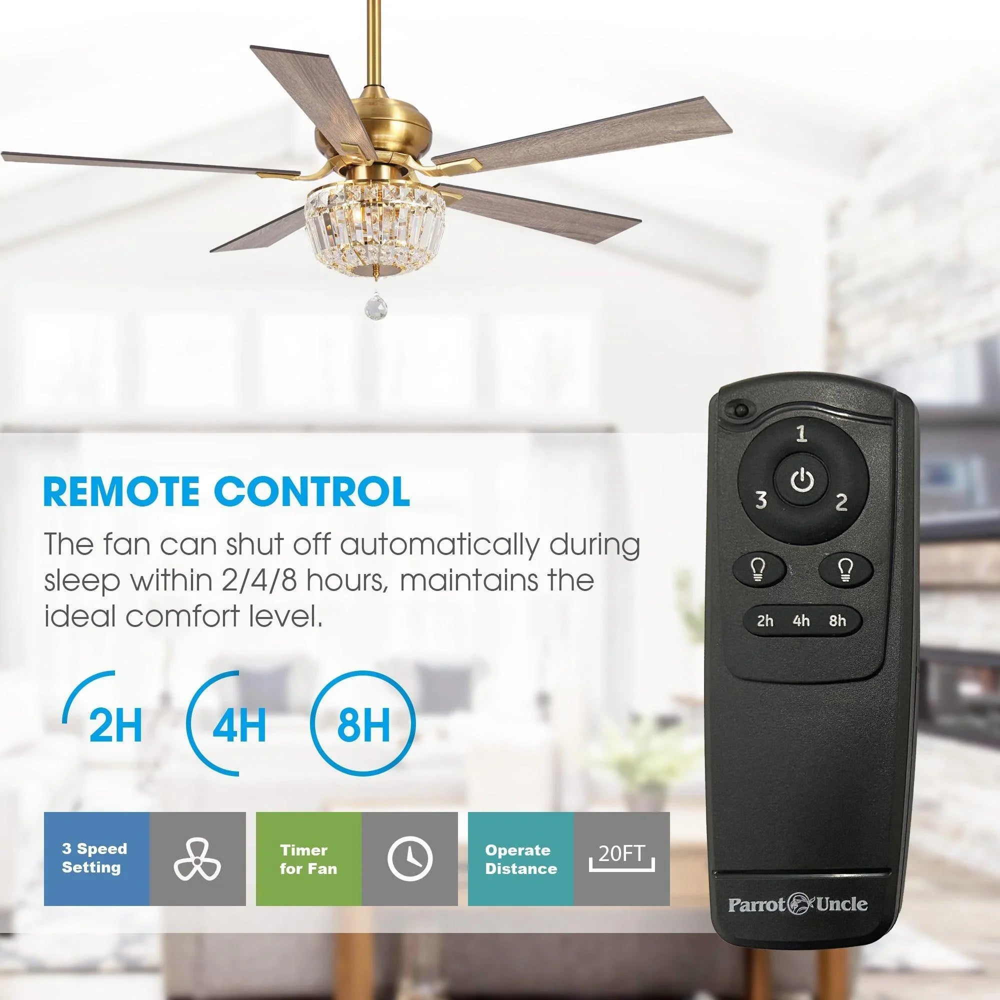 52" Ganga Modern Downrod Mount Reversible Crystal Ceiling Fan with Lighting and Remote Control - ParrotUncle