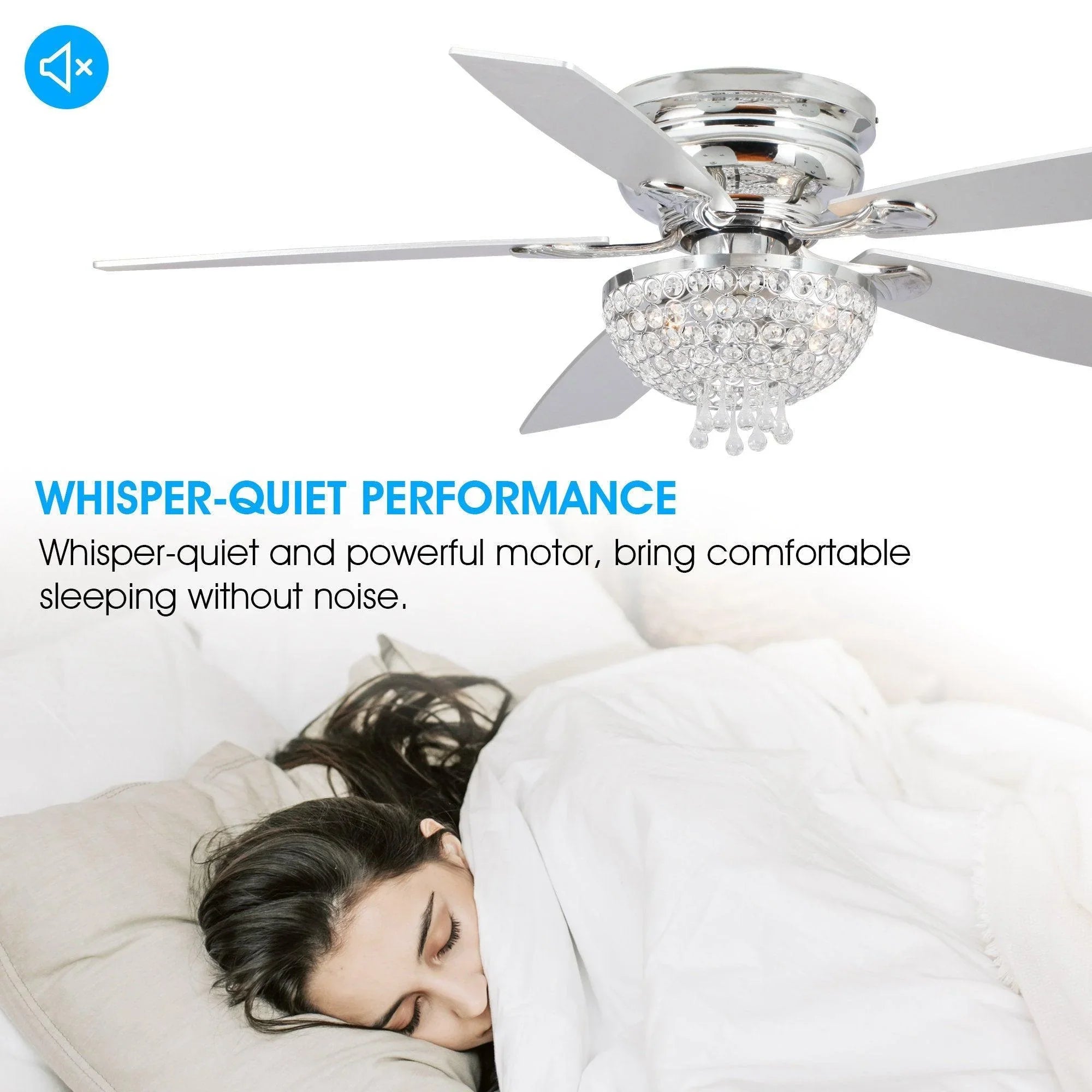 52" Kanpur Modern Chrome Flush Mount Reversible Crystal Ceiling Fan with Lighting and Remote Control - ParrotUncle