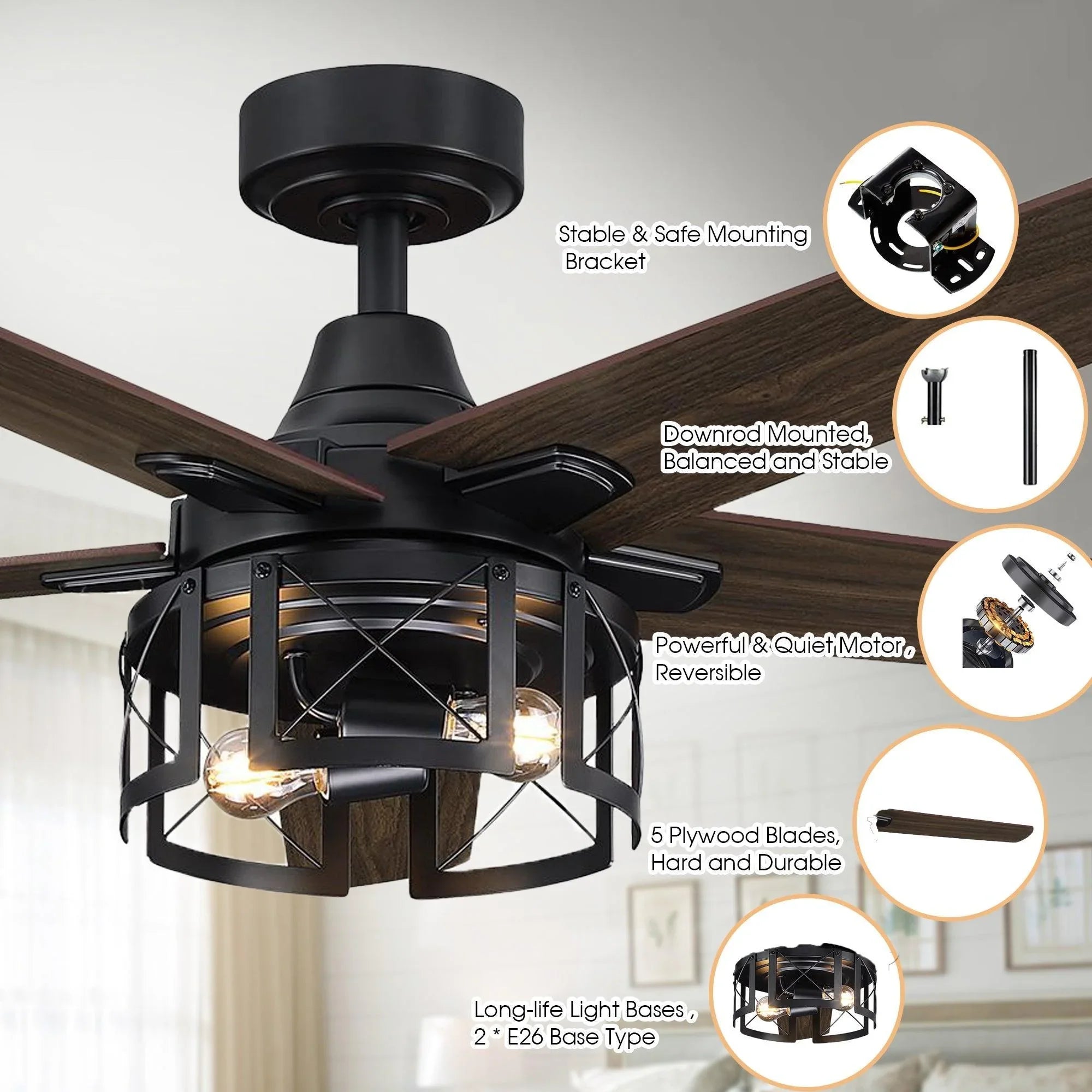 52" Kolkata Industrial Downrod Mount Reversible Ceiling Fan with Lighting and Remote Control - ParrotUncle