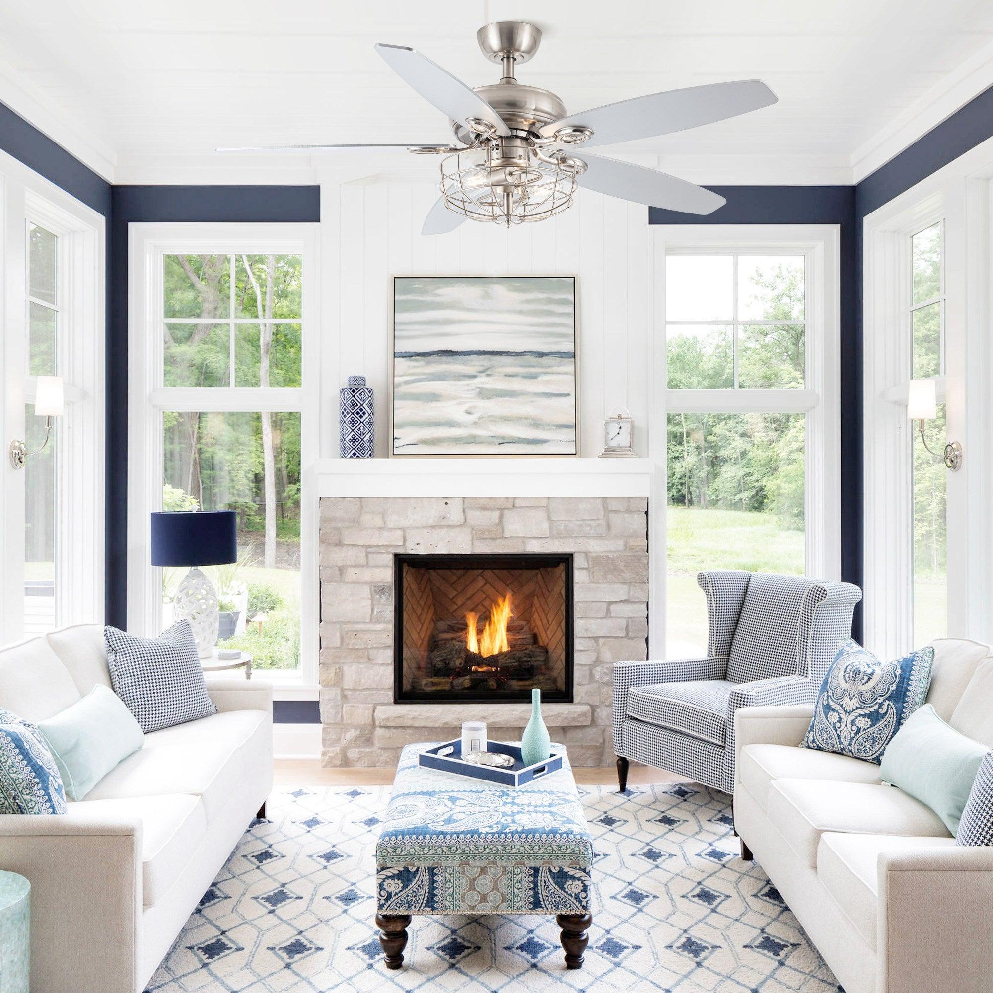 52" Kyla Industrial Brushed Nickel Reversible Caged Ceiling Fan with Lighting - ParrotUncle