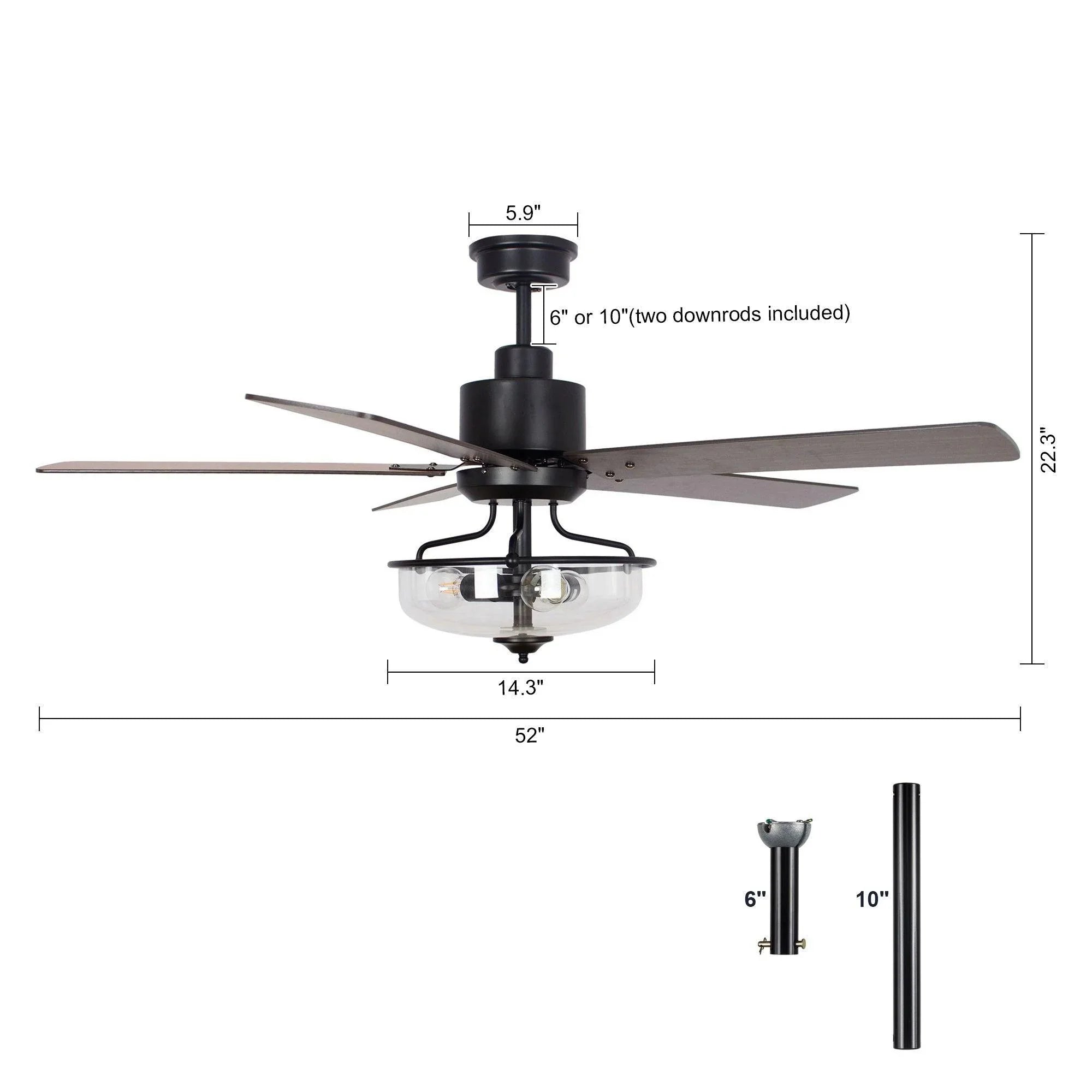 52" Mumbai Industrial Downrod Mount Reversible Ceiling Fan with Lighting and Remote Control - ParrotUncle