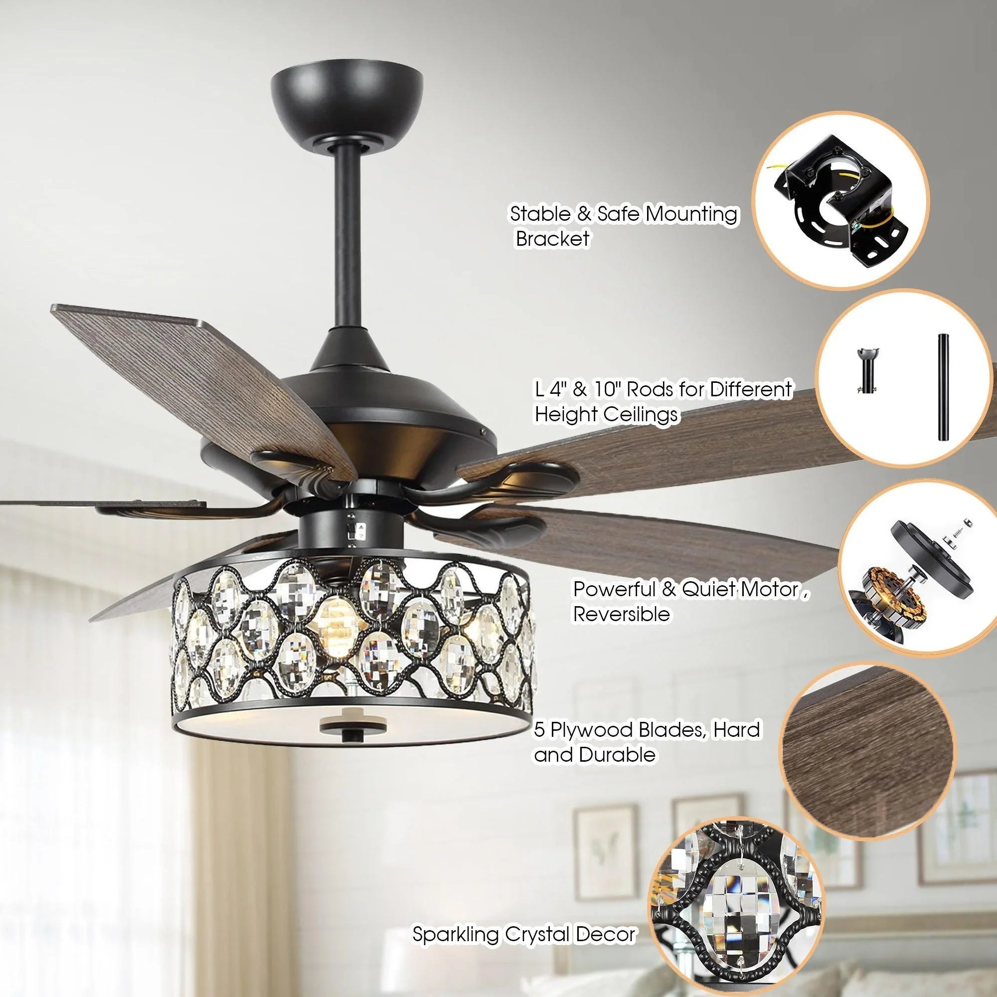 52" Tibuh Modern Downrod Mount Reversible Crystal Ceiling Fan with Lighting and Remote Control - ParrotUncle