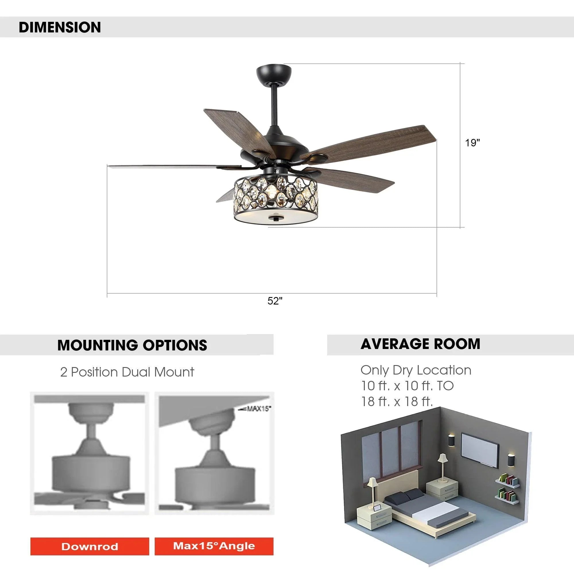 52" Tibuh Modern Downrod Mount Reversible Crystal Ceiling Fan with Lighting and Remote Control - ParrotUncle