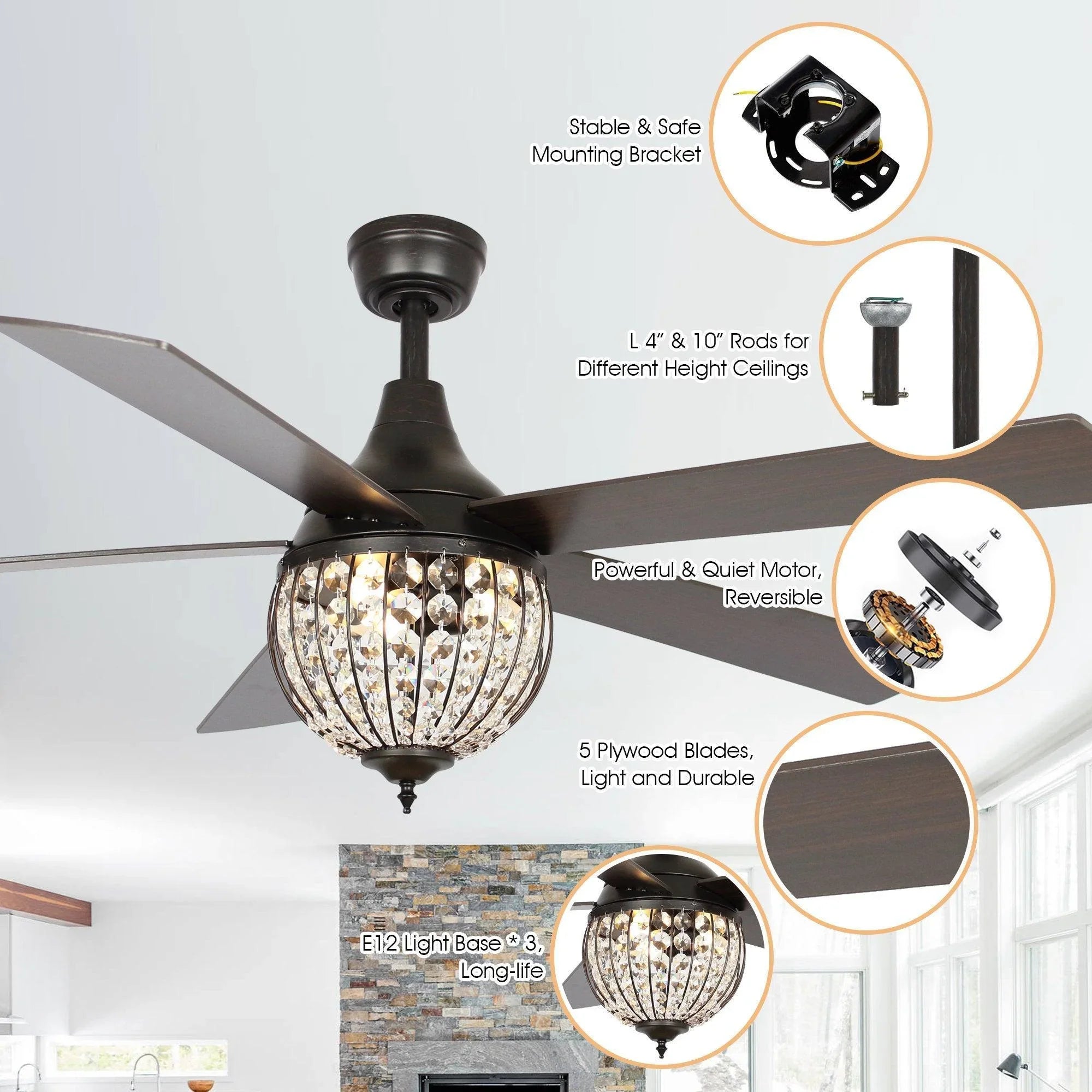 52" Varanasi Farmhouse Downrod Mount Ceiling Fan with Lighting and Remote Control - ParrotUncle