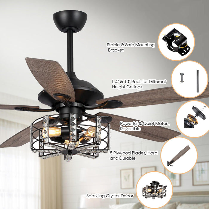 52" Vaughn Industrial Downrod Mount Reversible Crystal Ceiling Fan with Lighting and Remote Control - ParrotUncle