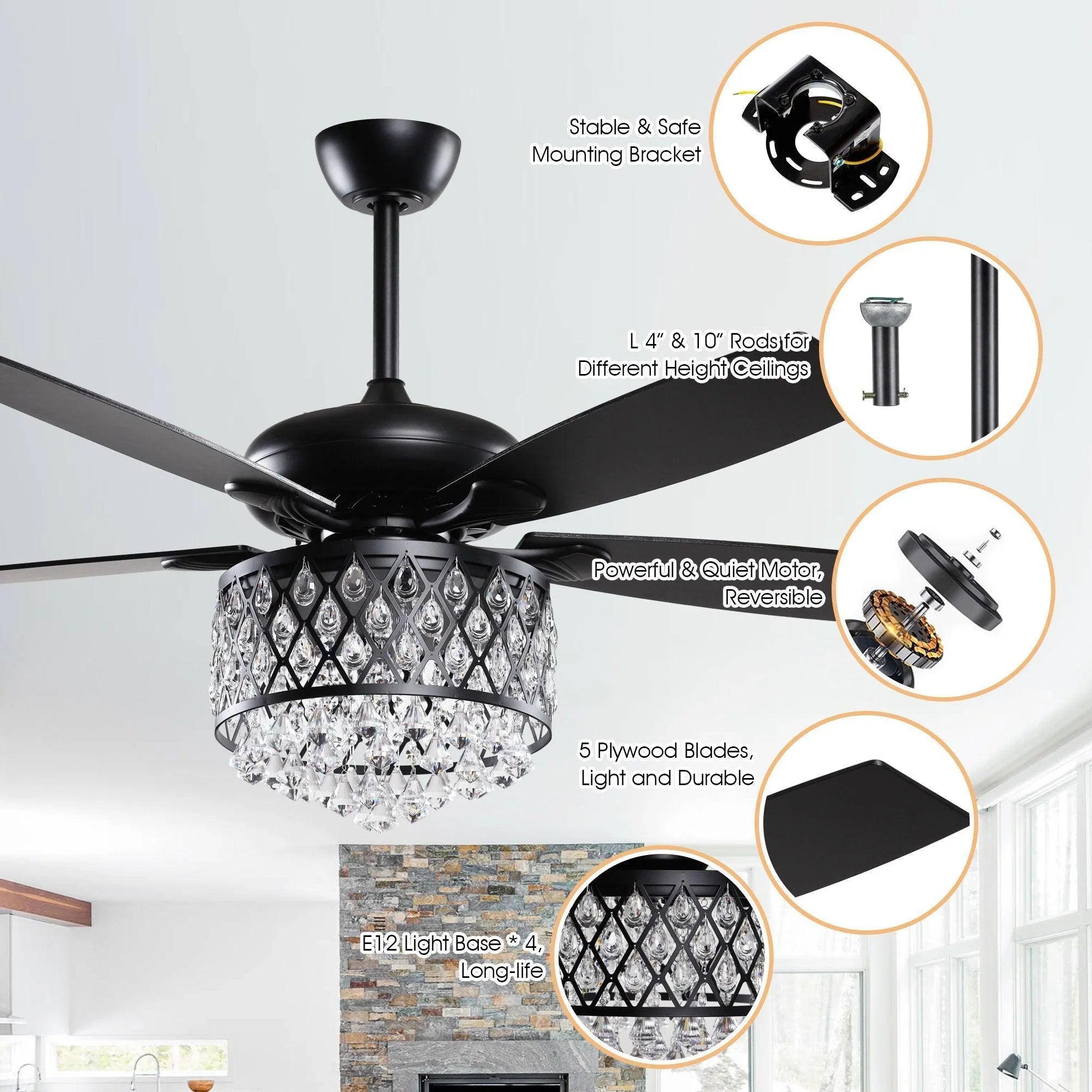 52" Wethington Modern Downrod Mount Reversible Crystal Ceiling Fan with Lighting and Remote Control - ParrotUncle