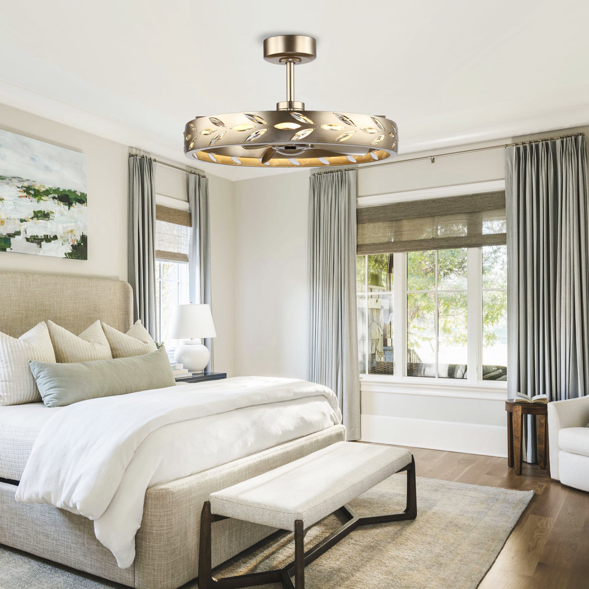 Perimost 29 Inch Antique Silver Downrod Mount Luxury Fandelier with Light and Remote Control