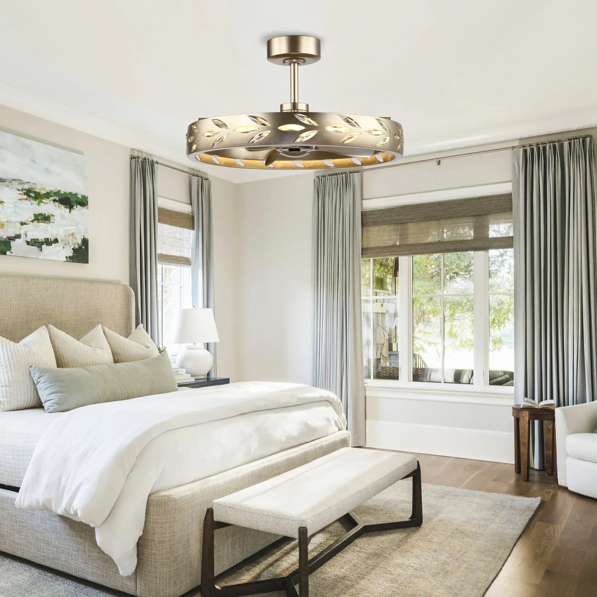 Perimost 29 Inch Antique Silver Downrod Mount Luxury Fandelier with Light and Remote Control