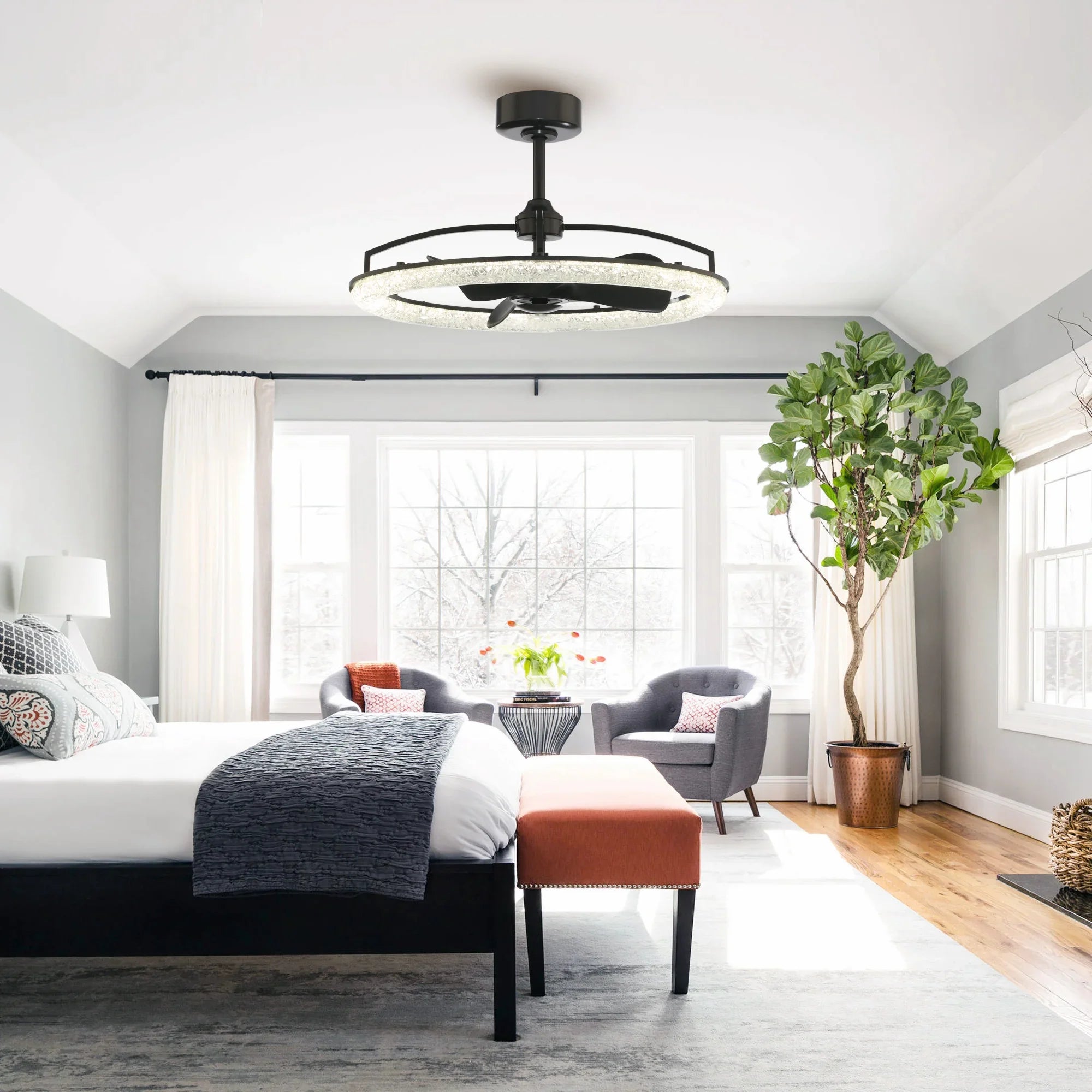 Perimost 32 Inch Black Downrod Mount Luxury Fandelier with Light and Remote Control