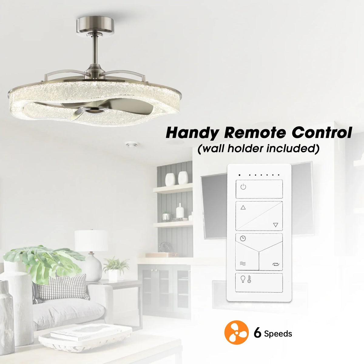 Perimost 33 Inch Satin Nickel Downrod Mount Luxury Fandelier with Light and Remote Control