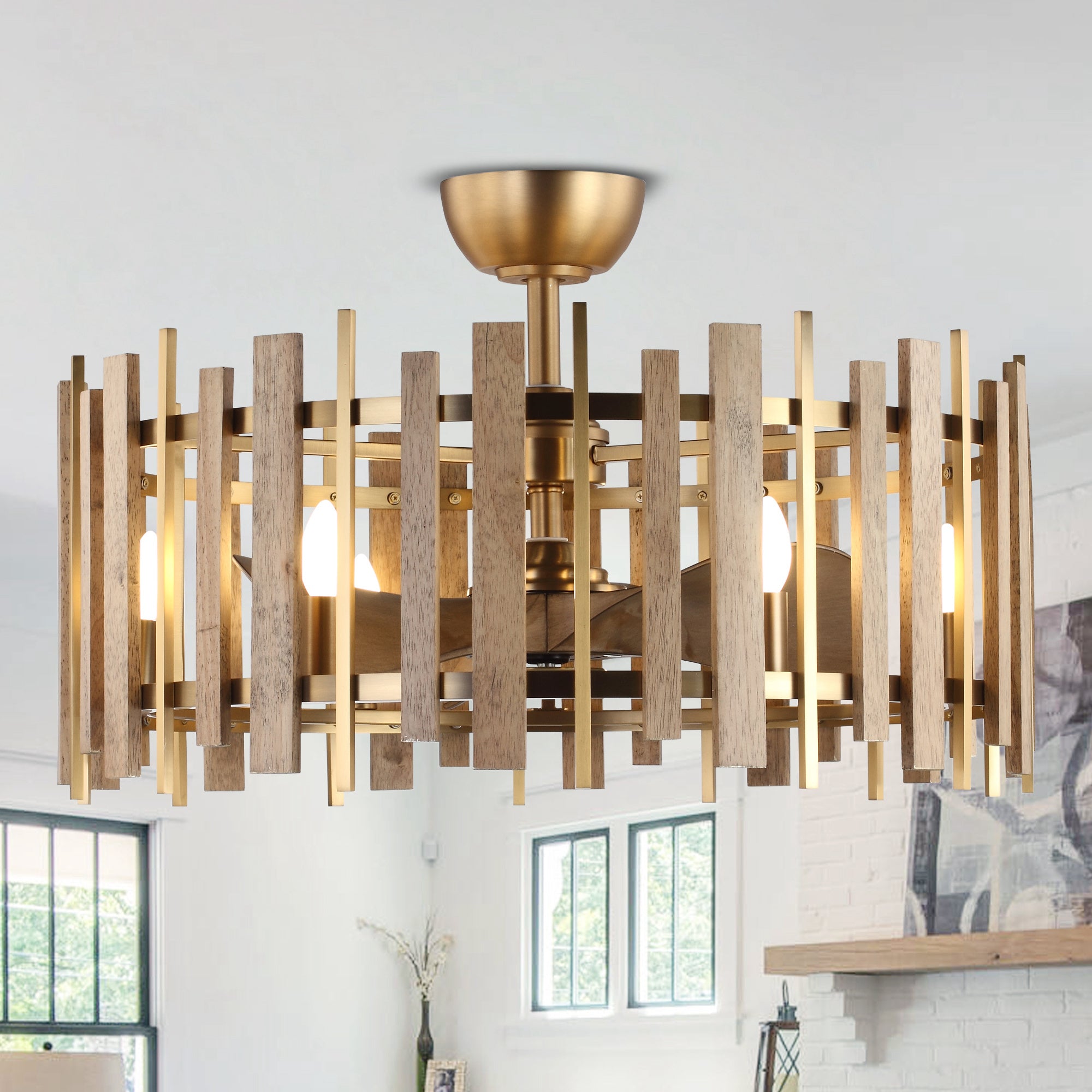 Perimost 31 Inch Electroplated Golden Downrod Mount Luxury Fandelier with Light and Remote Control