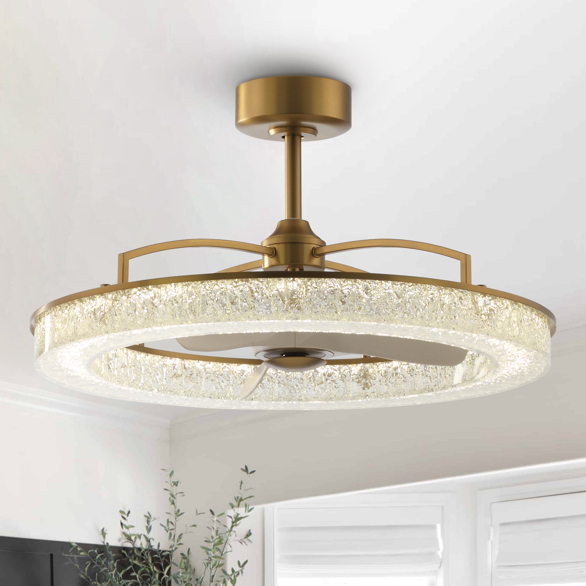 Perimost 32 Inch Electroplated Golden Downrod Mount Luxury Fandelier with Light and Remote Control