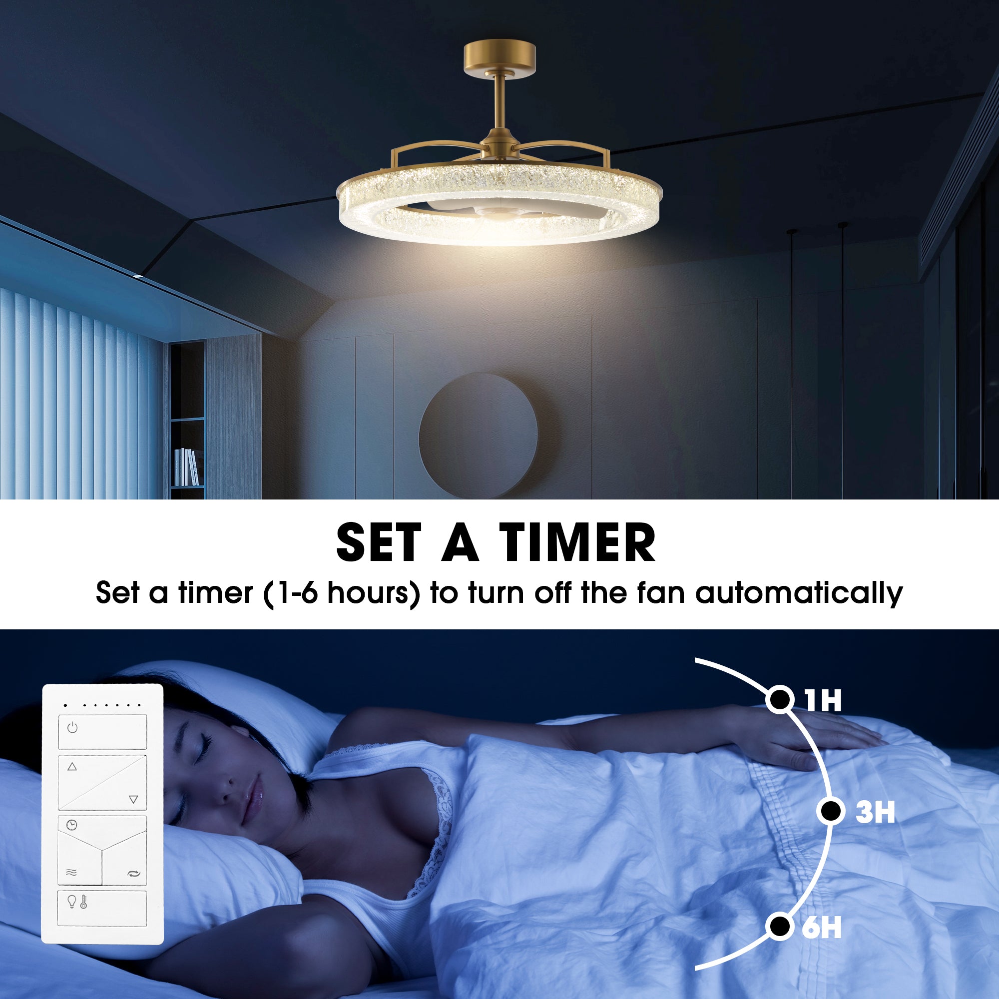 Perimost 32 Inch Electroplated Golden Downrod Mount Luxury Fandelier with Light and Remote Control