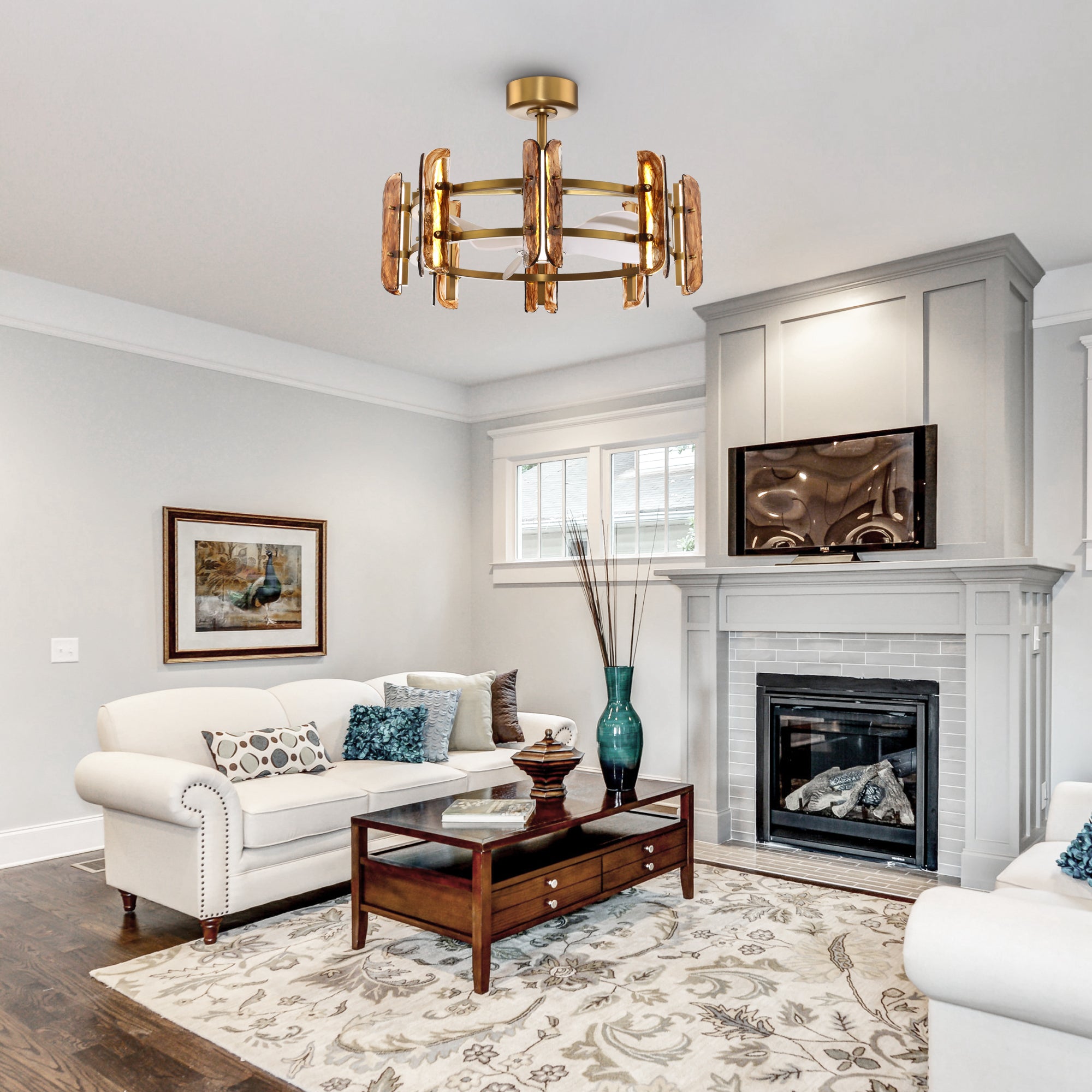 Perimost 32 Inch Electroplated Golden Downrod Mount Luxury Fandelier with Light and Remote Control