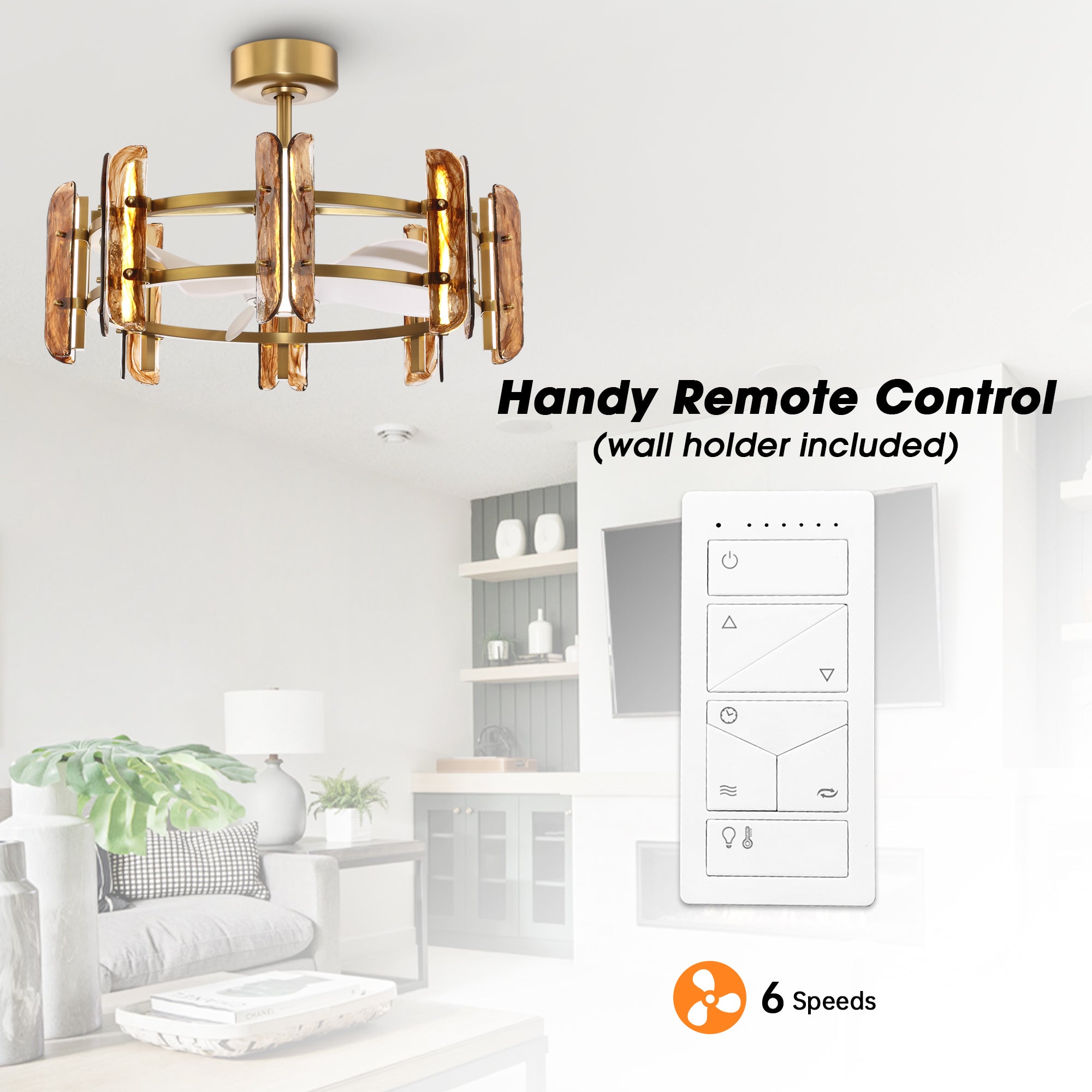 Perimost 32 Inch Electroplated Golden Downrod Mount Luxury Fandelier with Light and Remote Control