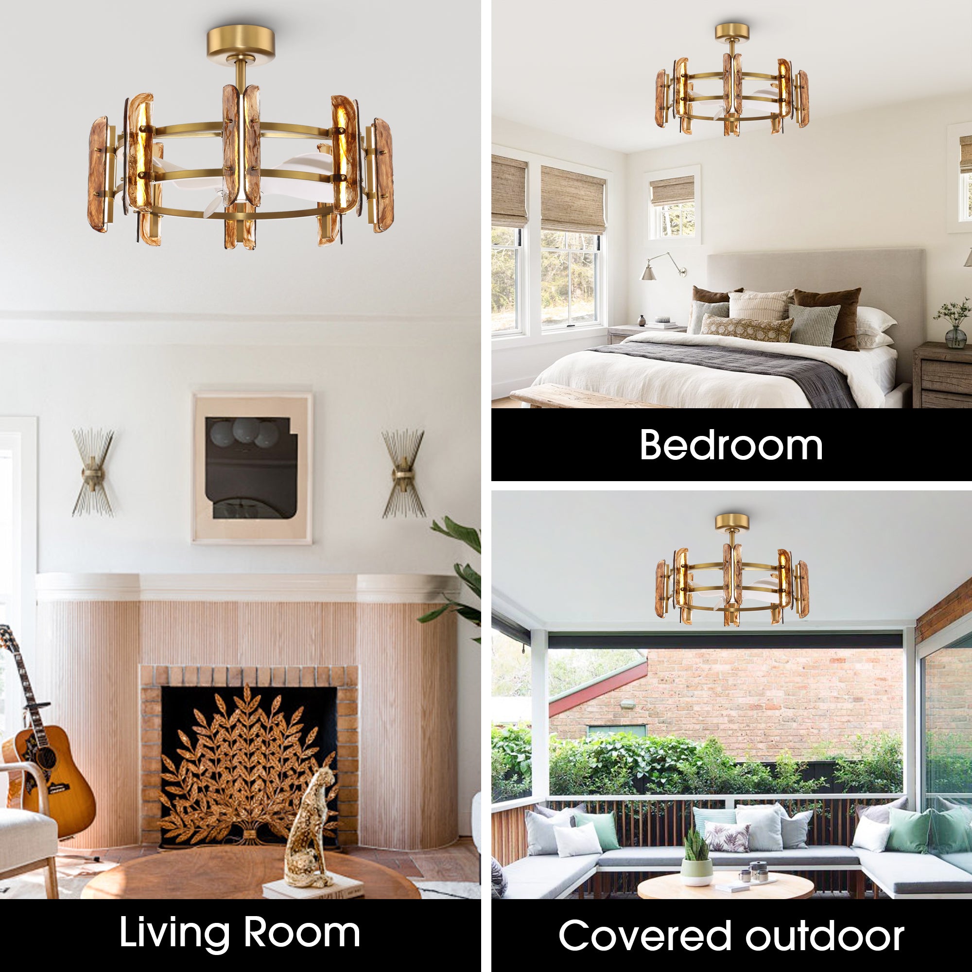 Perimost 32 Inch Electroplated Golden Downrod Mount Luxury Fandelier with Light and Remote Control