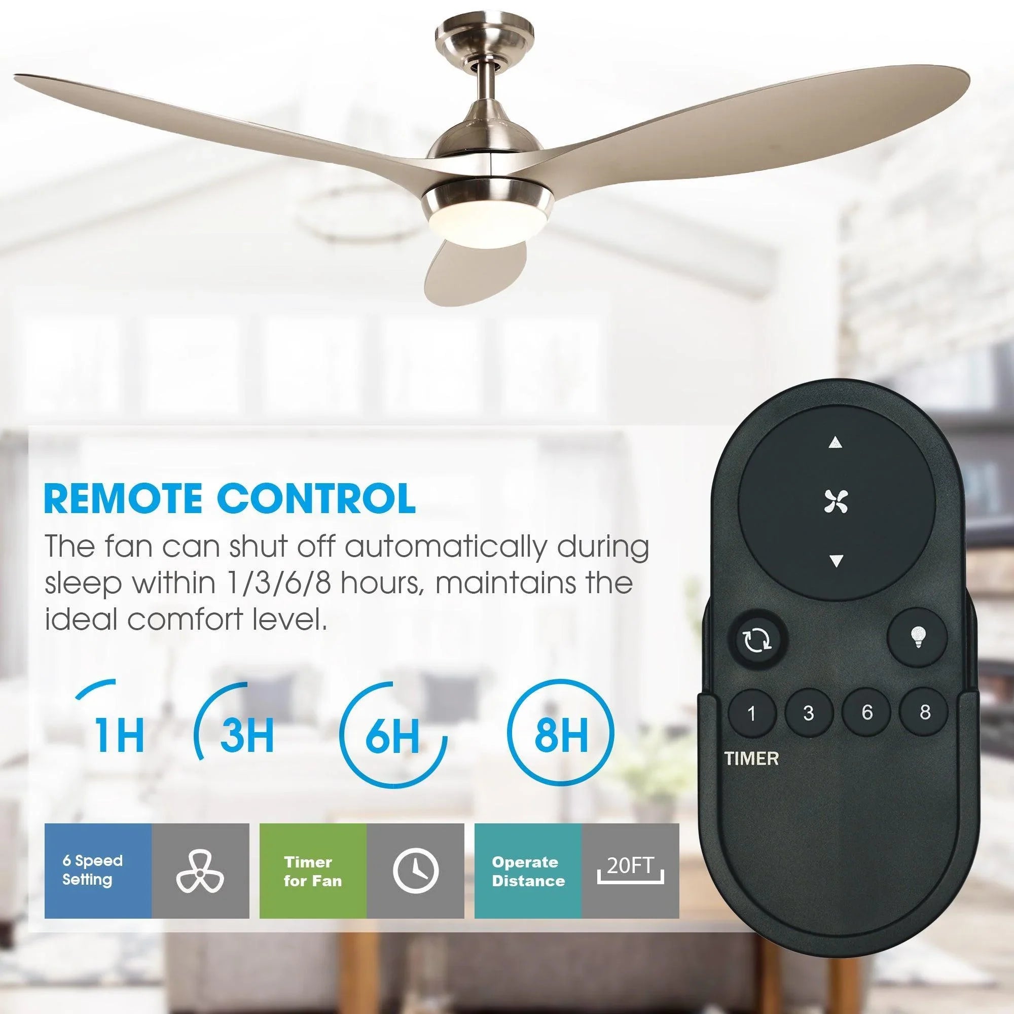 56" Bernardino Modern Brushed Nickel DC Motor Downrod Mount Reversible Ceiling Fan with Lighting and Remote Control - ParrotUncle