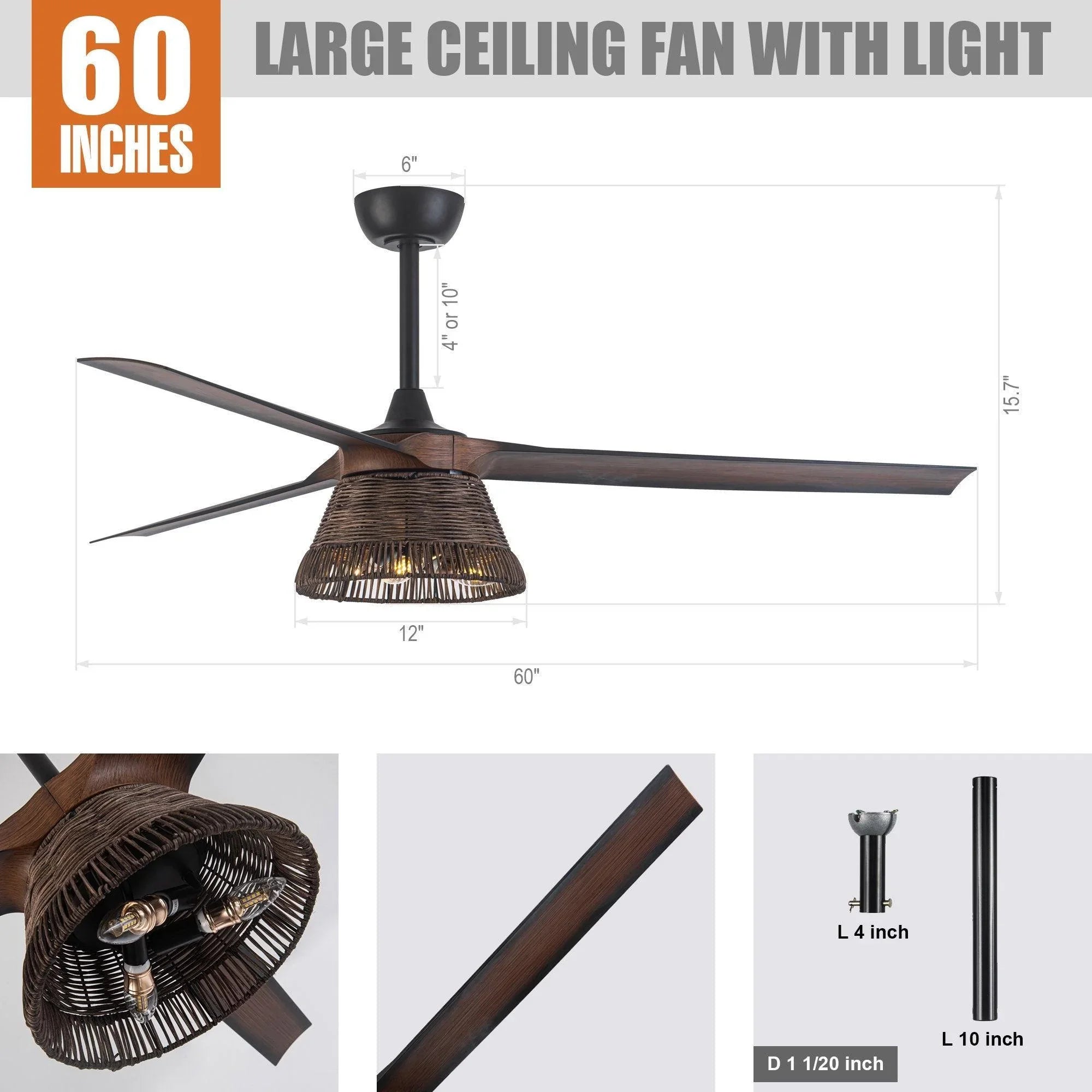 60" Farmhouse Downrod Mount Reversible Ceiling Fan with Lighting and Remote Control - ParrotUncle