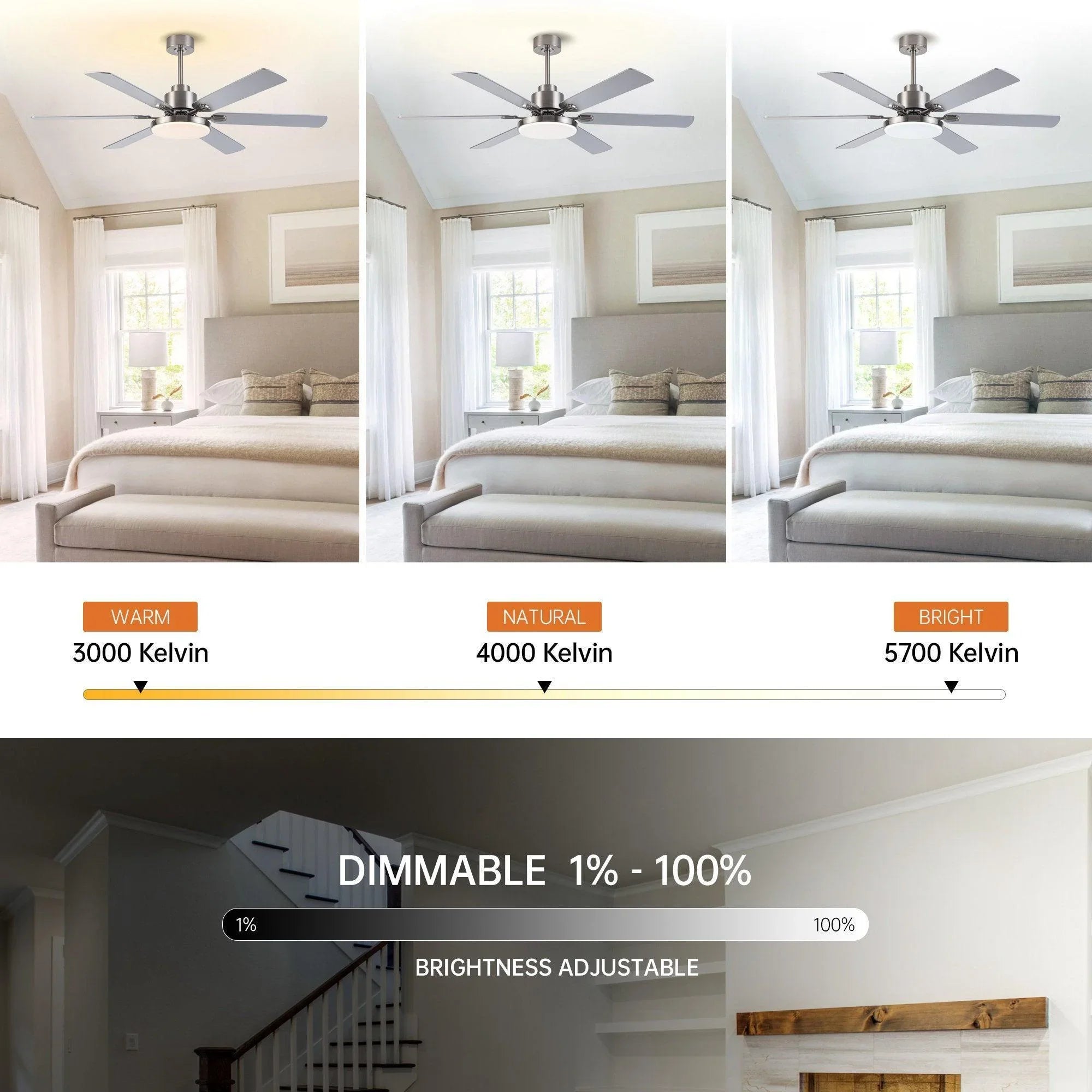 60" Lucknow Modern Satin Nickel DC Motor Downrod Mount Reversible Ceiling Fan with Lighting and Remote Control - ParrotUncle