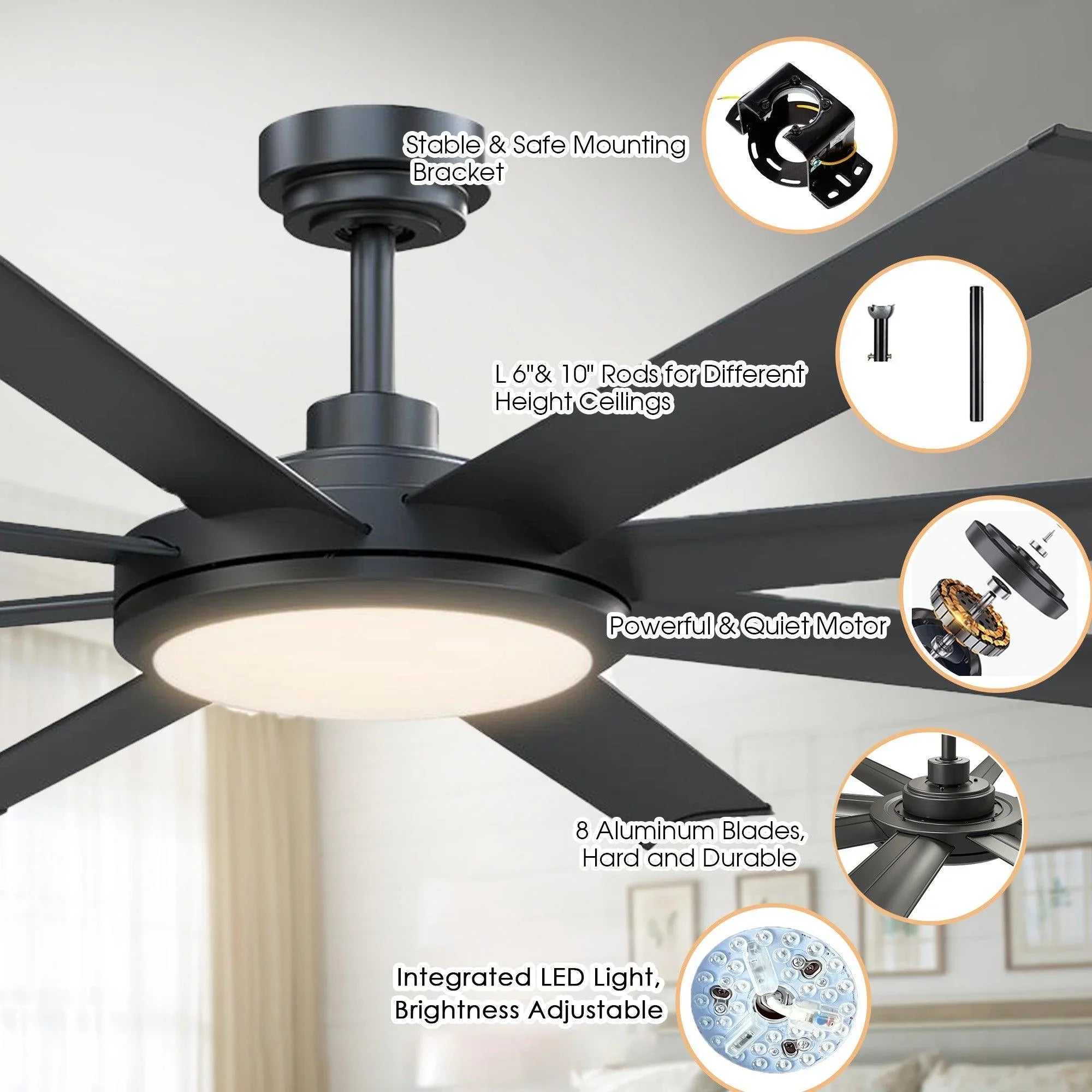60" Modern DC Motor Downrod Mount Ceiling Fan with Lighting and Remote Control - ParrotUncle