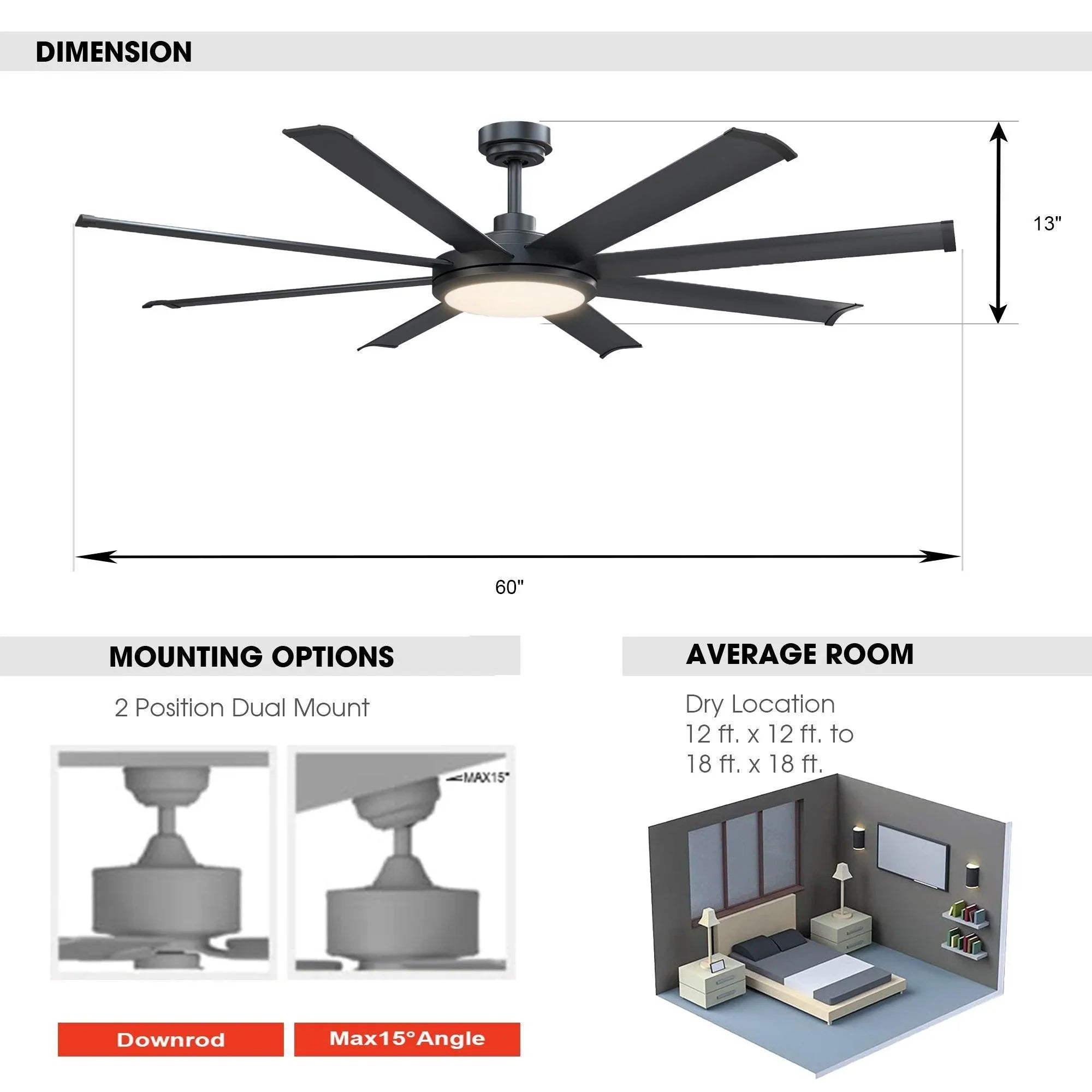 60" Modern DC Motor Downrod Mount Ceiling Fan with Lighting and Remote Control - ParrotUncle