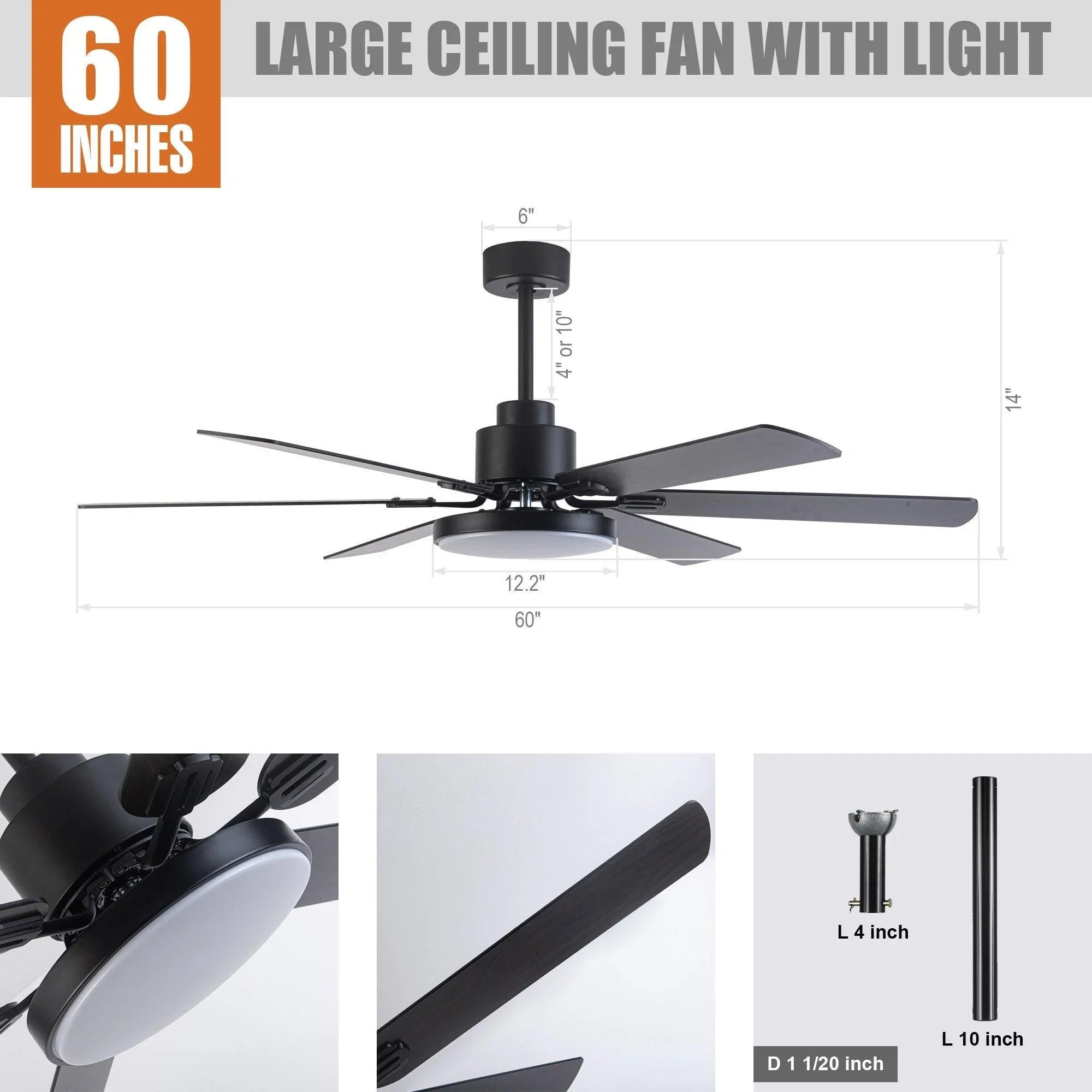 60" Modern DC Motor Downrod Mount Reversible Ceiling Fan with Lighting and Remote Control - ParrotUncle