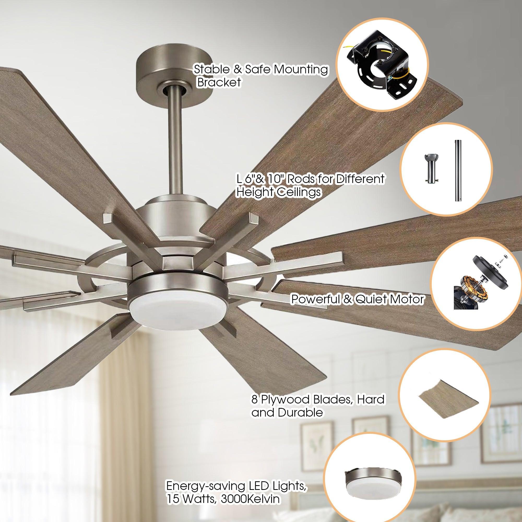 60" Oretha Windmill Modern DC Motor Downrod Mount Reversible Ceiling Fan with Lighting and Remote Control - ParrotUncle