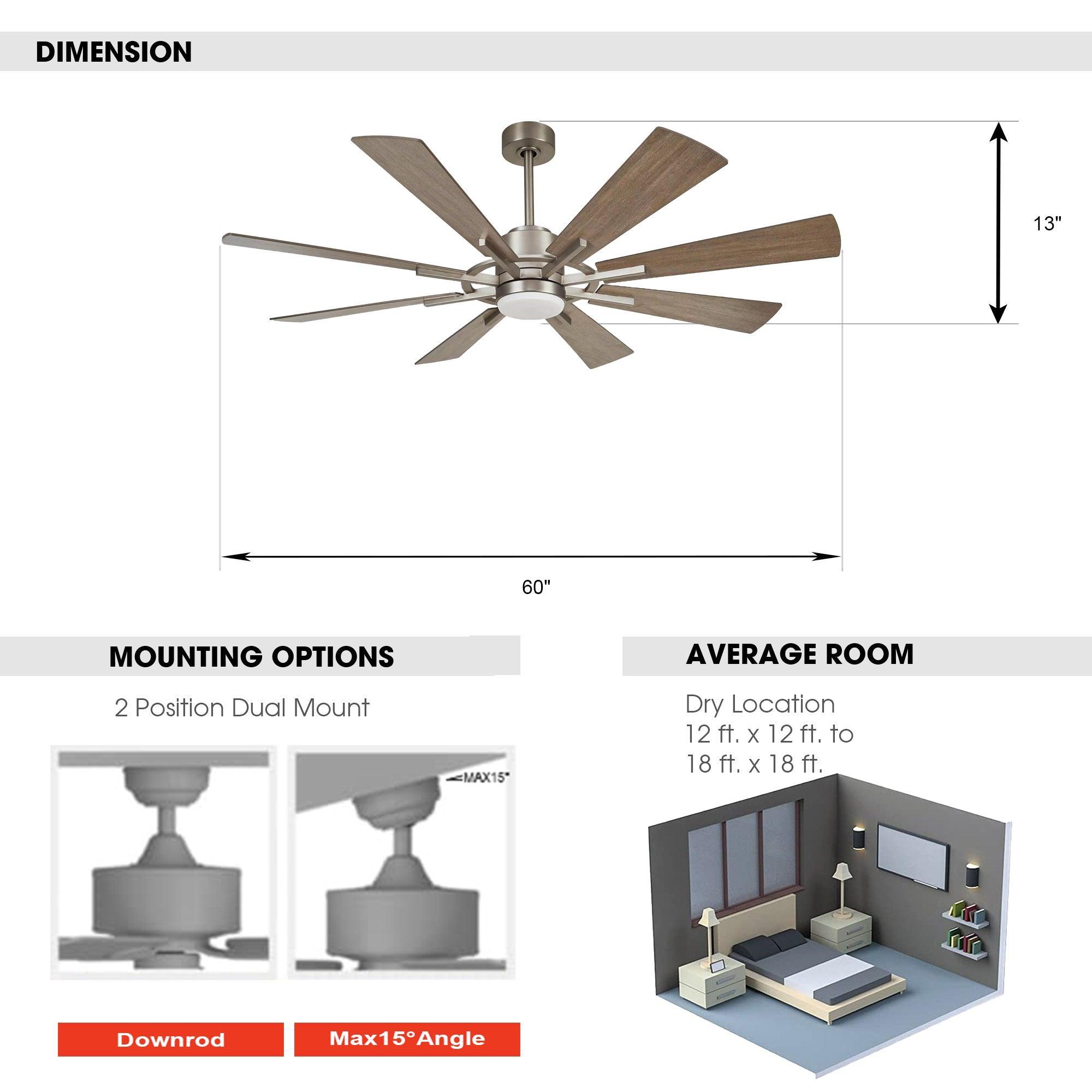 60" Oretha Windmill Modern DC Motor Downrod Mount Reversible Ceiling Fan with Lighting and Remote Control - ParrotUncle