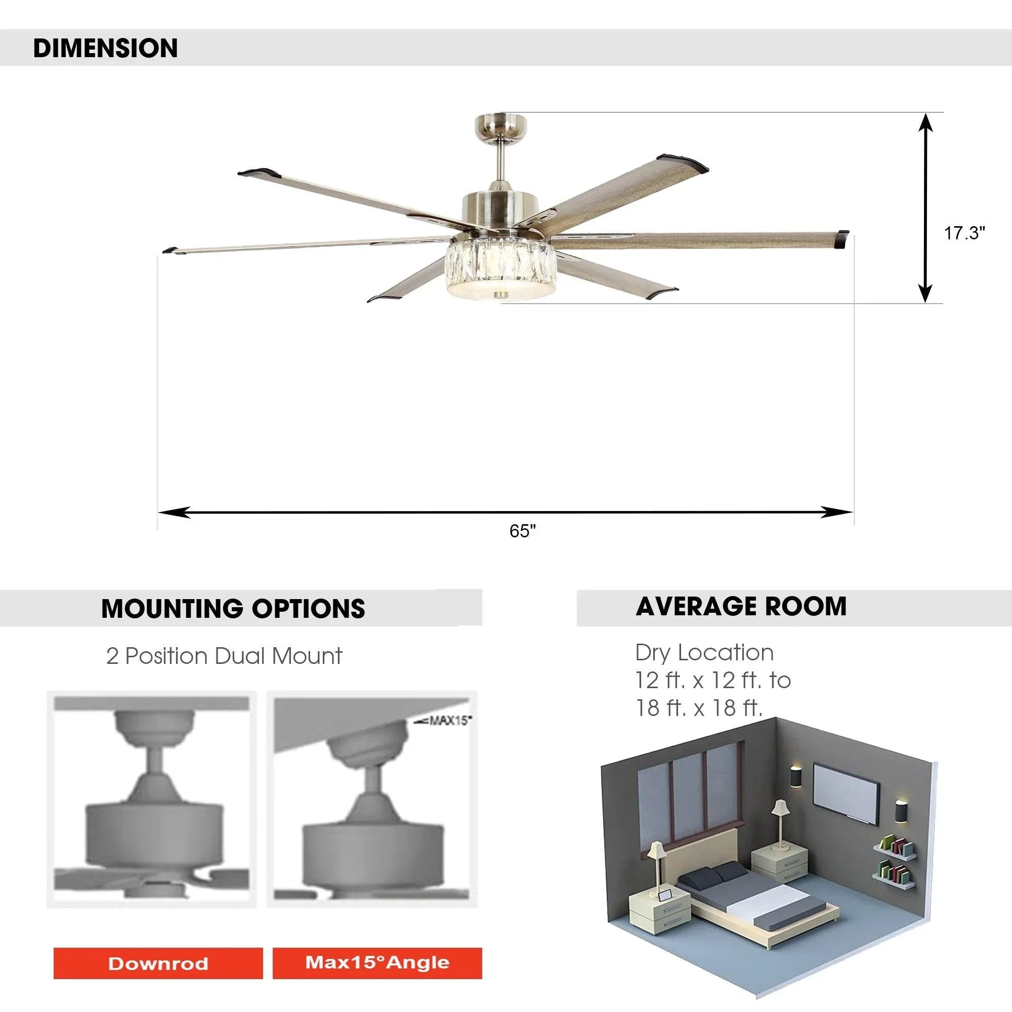 65" Modern Brushed Nickel DC Motor Downrod Mount Reversible Ceiling Fan with Lighting and Remote Control - ParrotUncle
