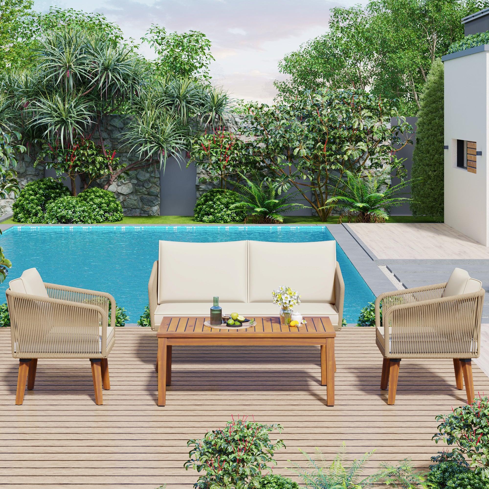 4 Pieces Outdoor Furniture Set with Loveseat, Patio Rope Conversation Set with Cushions for Backyard, Poolside, Garden