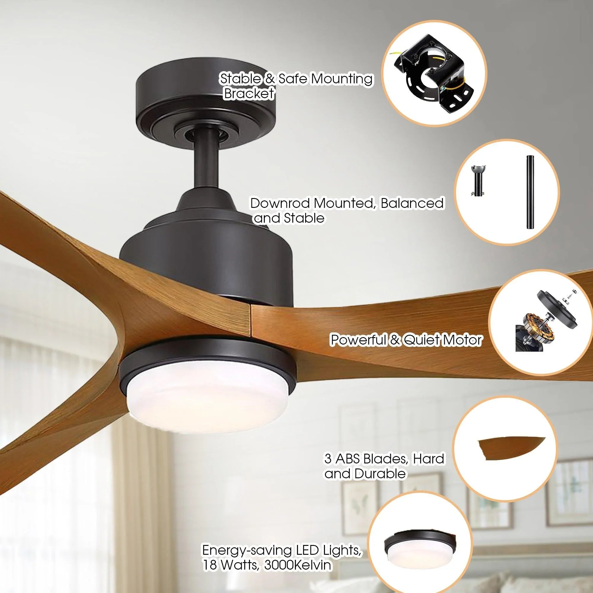66" Misael Propeller Modern DC Motor Downrod Mount Reversible Ceiling Fan with LED Lighting and Remote Control - ParrotUncle