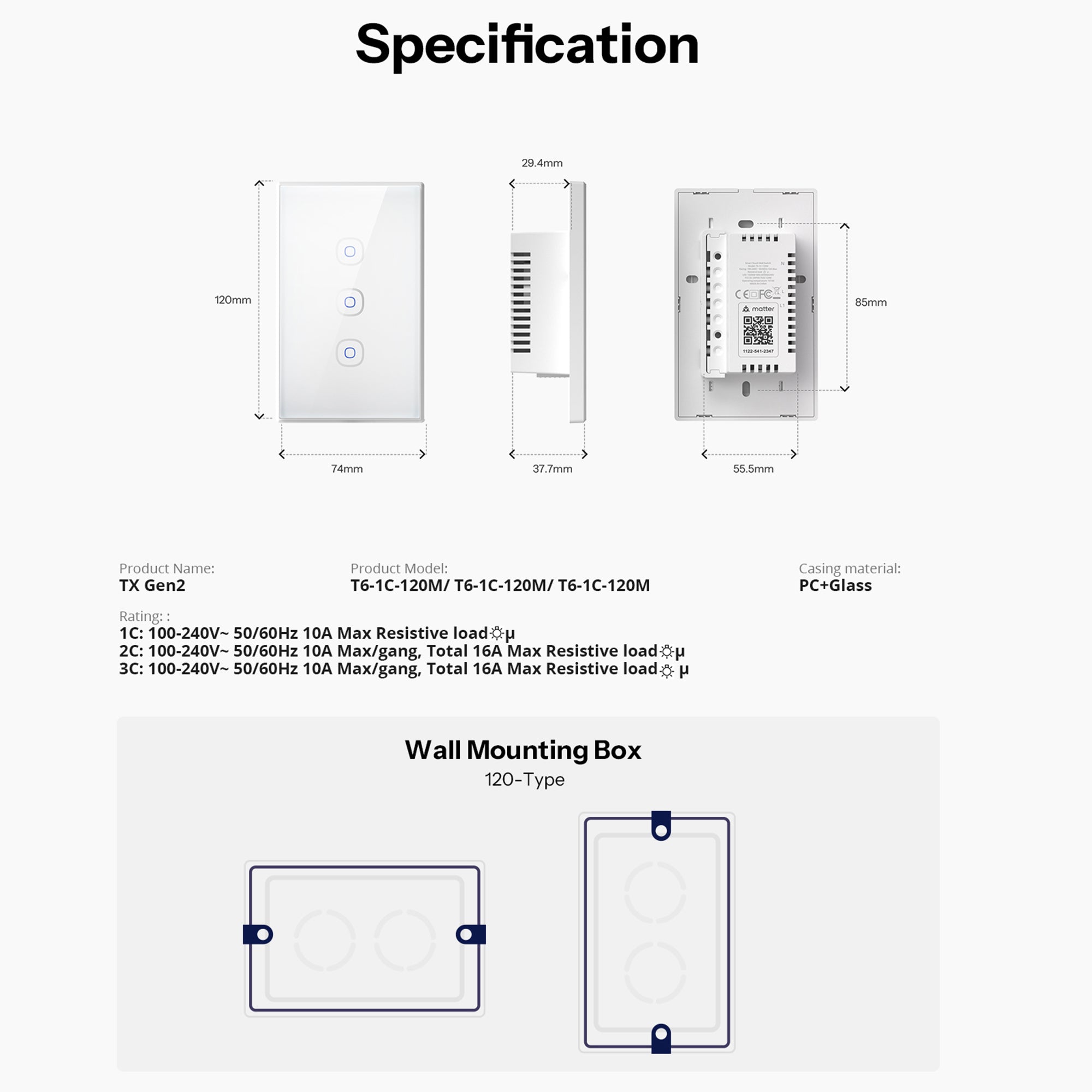 TX Gen2 Smart Touch Wall Switch 1-3 Channel 120-Type Panel