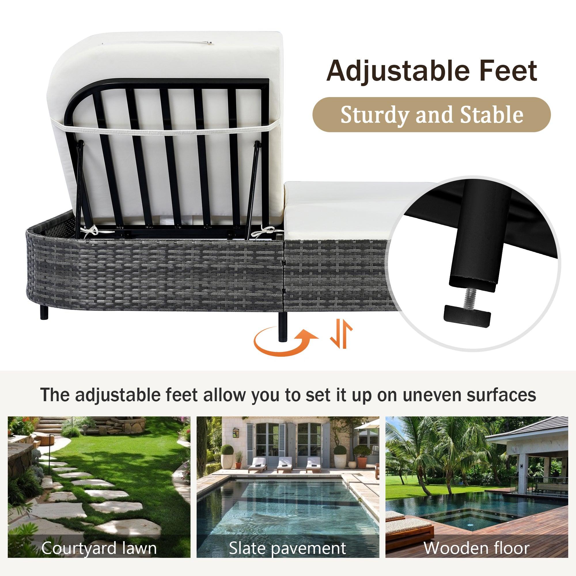 Tumbona de exterior de ratán con respaldo ajustable en 5 posiciones y cojines y almohadas extraíbles para jardín, patio y piscina.