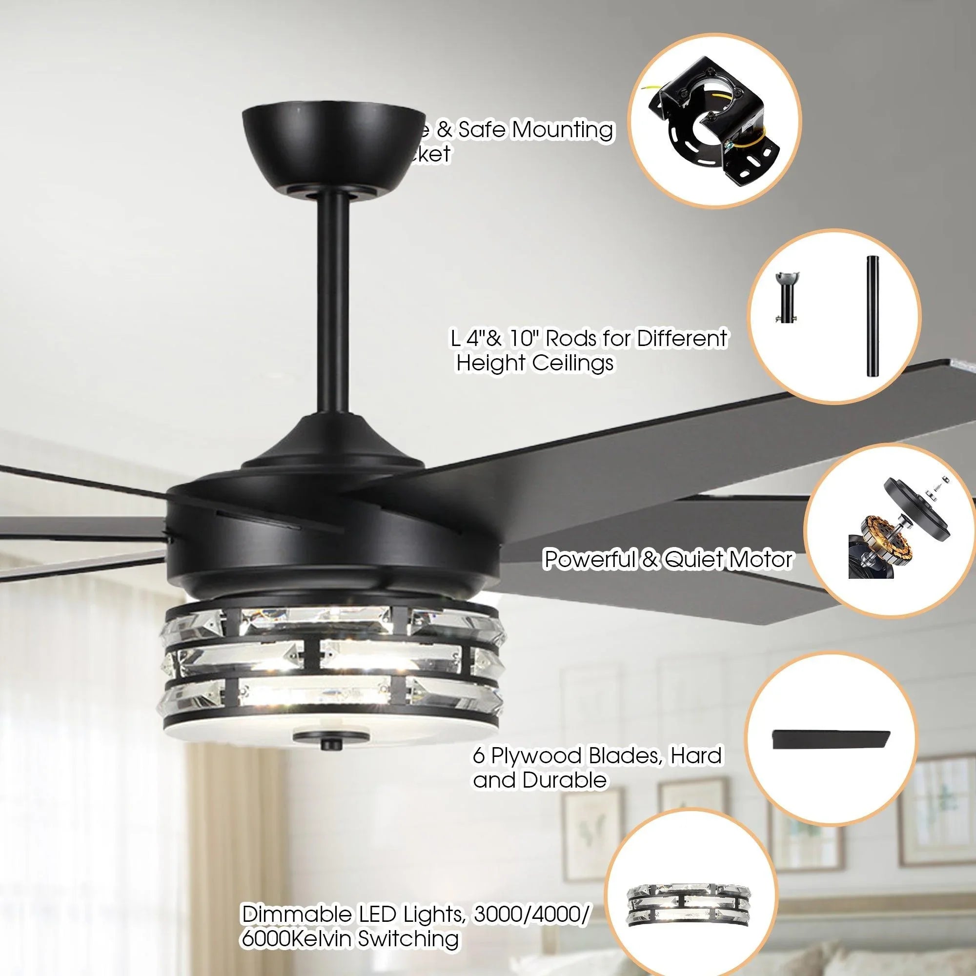 70" Modern DC Motor Downrod Mount Reversible Ceiling Fan with Lighting and Remote Control - ParrotUncle