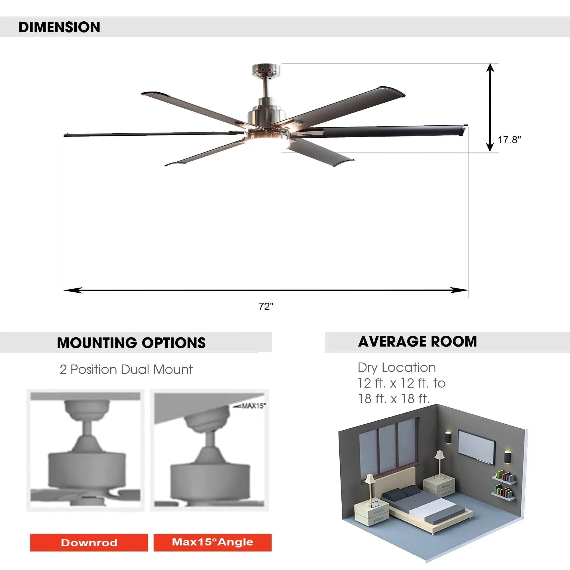 72" Bankston Modern DC Motor Downrod Mount Reversible Ceiling Fan with Lighting and Remote Control - ParrotUncle