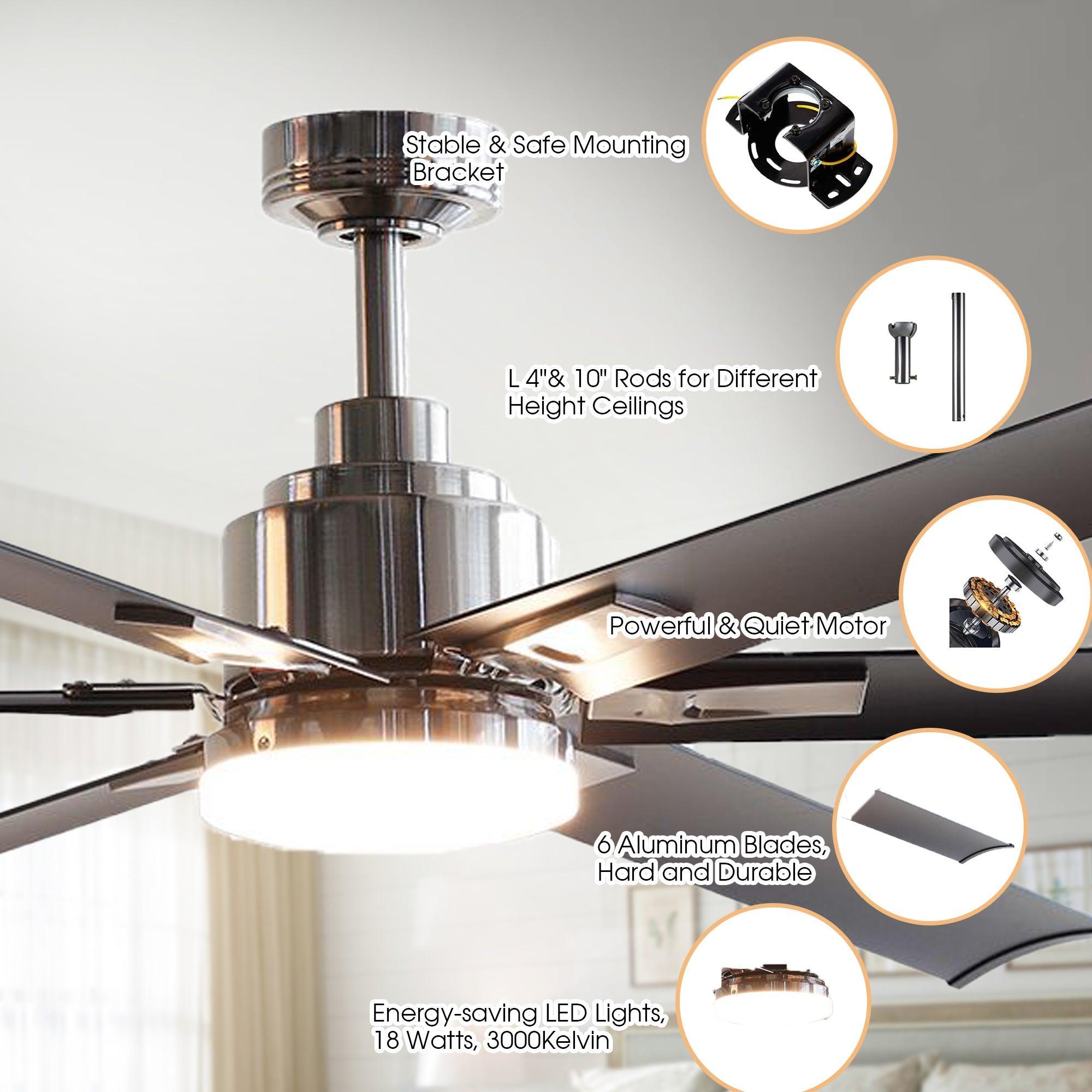 72" Bankston Modern DC Motor Downrod Mount Reversible Ceiling Fan with Lighting and Remote Control - ParrotUncle