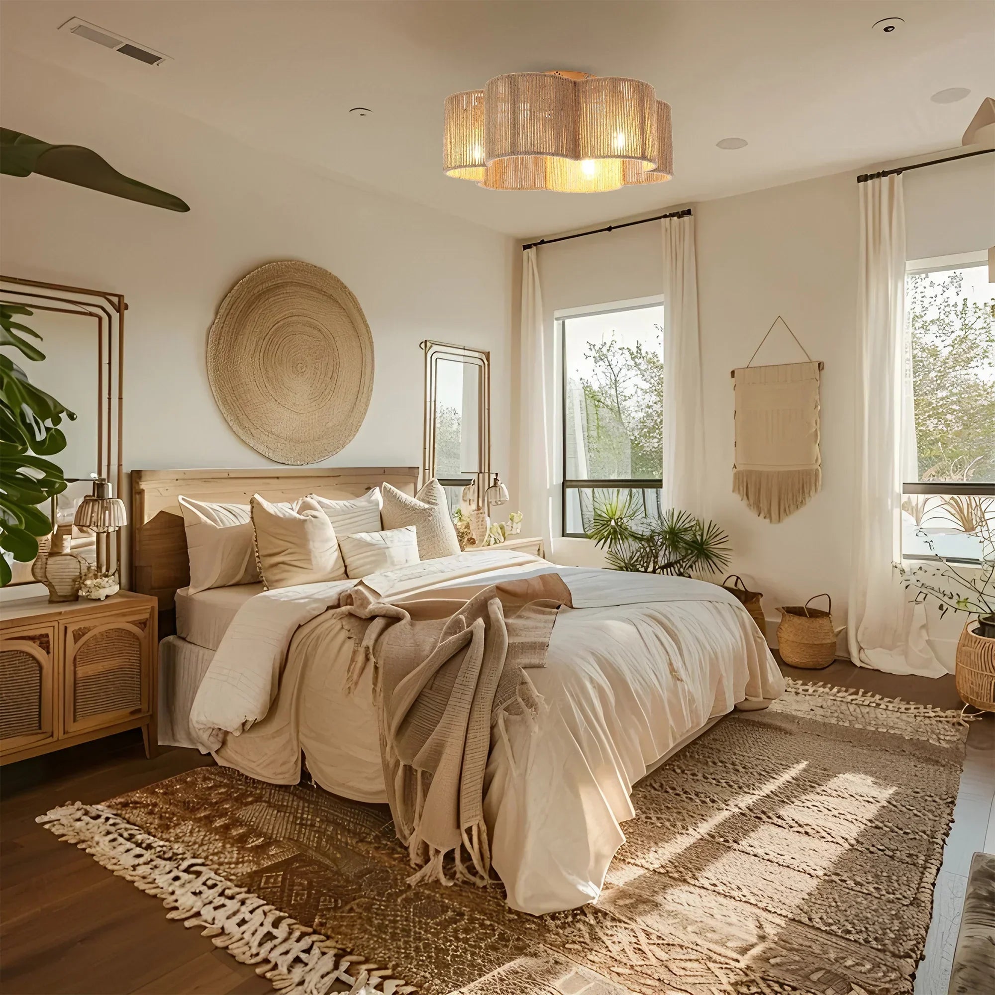 Ventilador de techo de ratán de 21 pulgadas con forma de flor dorada, montaje empotrado, aplicación de luz y control remoto