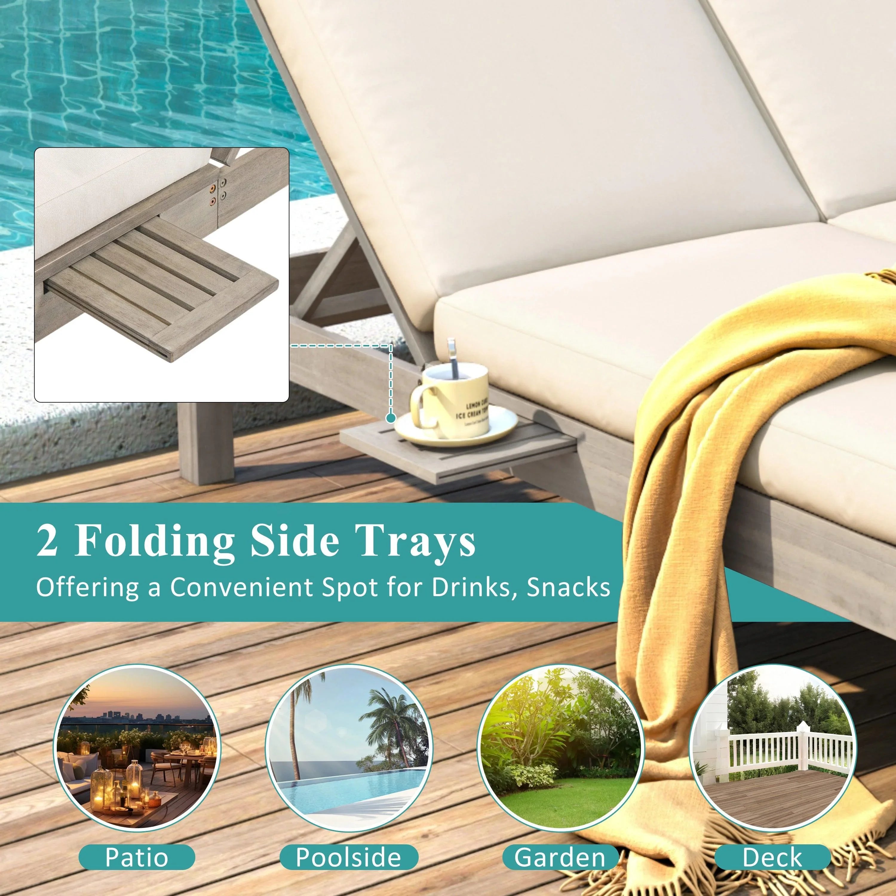 Chaise longue de exterior con respaldo ajustable en 5 posiciones, cojín y bandejas laterales plegables para 2 personas, ideal para jardín junto a la piscina.