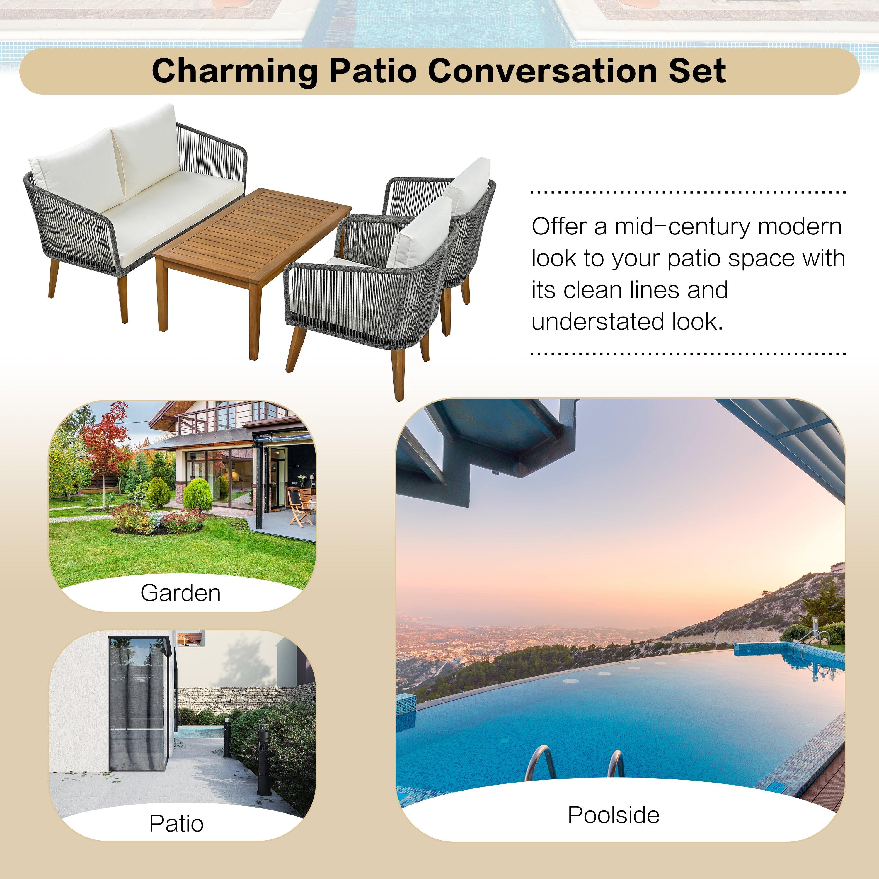 4 Pieces Outdoor Furniture Set with Loveseat, Patio Rope Conversation Set with Cushions for Backyard, Poolside, Garden