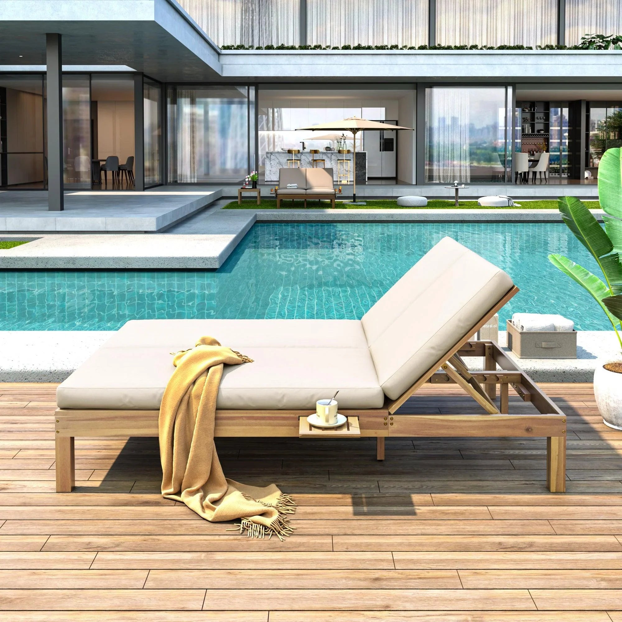 Chaise longue de exterior con respaldo ajustable en 5 posiciones, cojín y bandejas laterales plegables para 2 personas, ideal para jardín junto a la piscina.