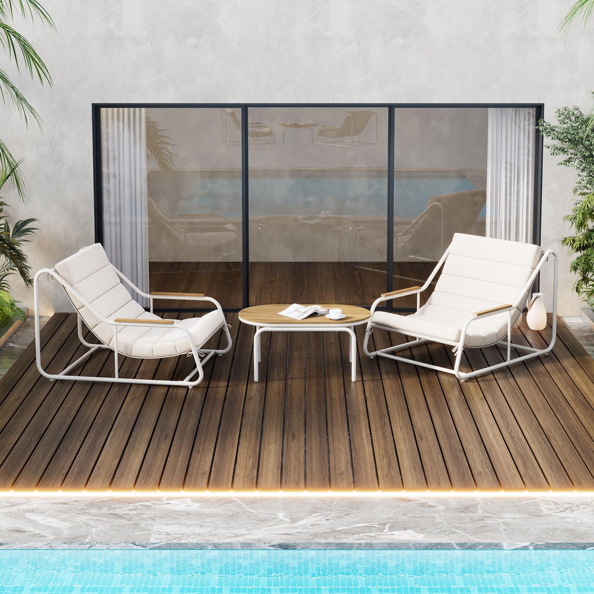 Outdoor Chaise Lounge Chairs Set of 3 with Acacia Side Table, Pool Lounge Chairs for Lawn, Deck, Beach