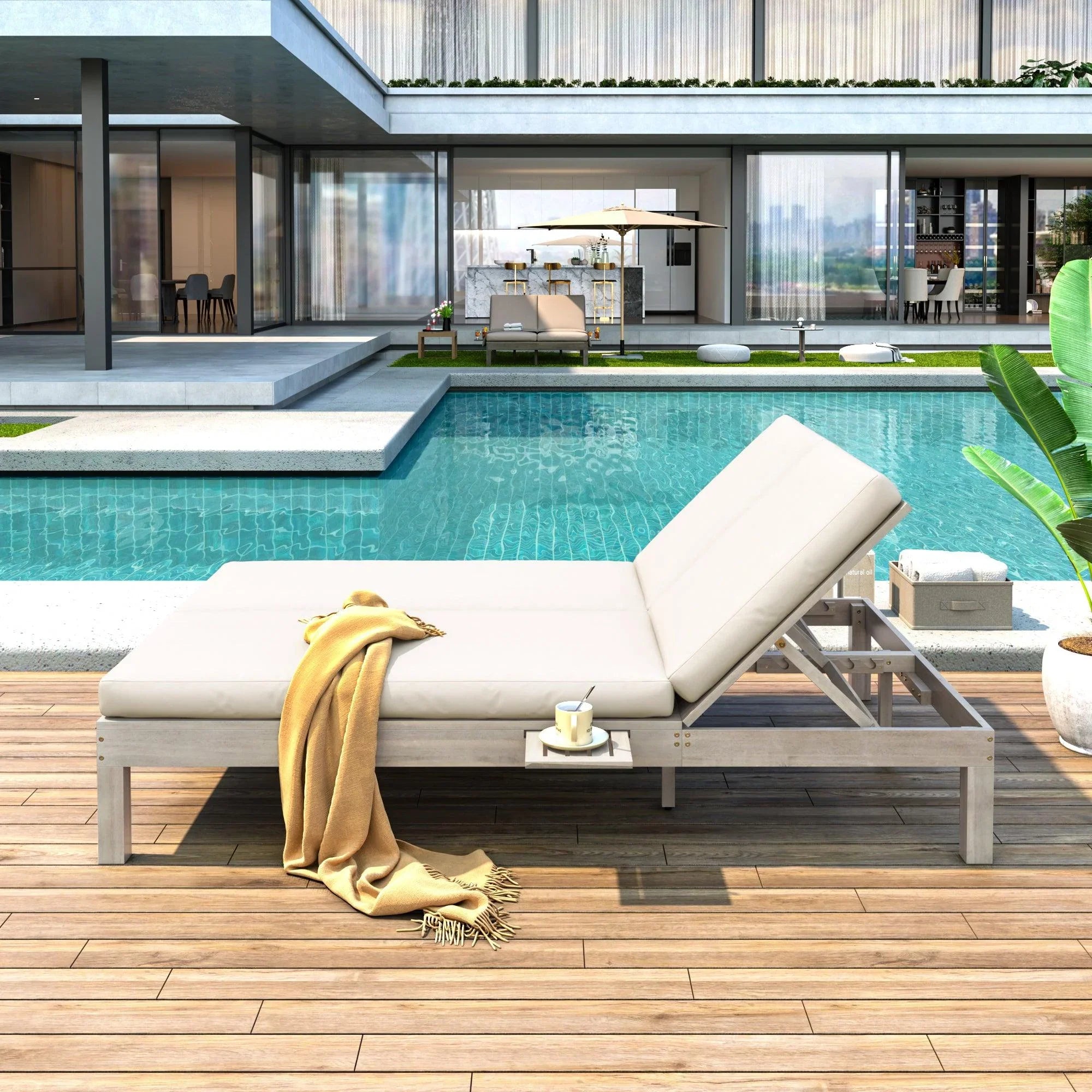Chaise longue de exterior con respaldo ajustable en 5 posiciones, cojín y bandejas laterales plegables para 2 personas, ideal para jardín junto a la piscina.